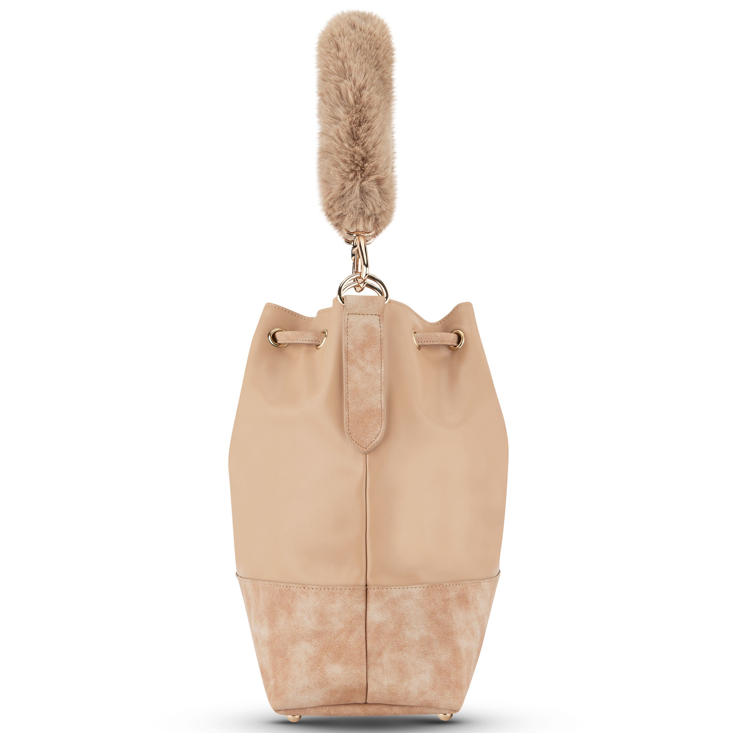 Beige Damenbeuteltasche mit braunem, plüschigem Schultergurt 'Strap Vivienne'