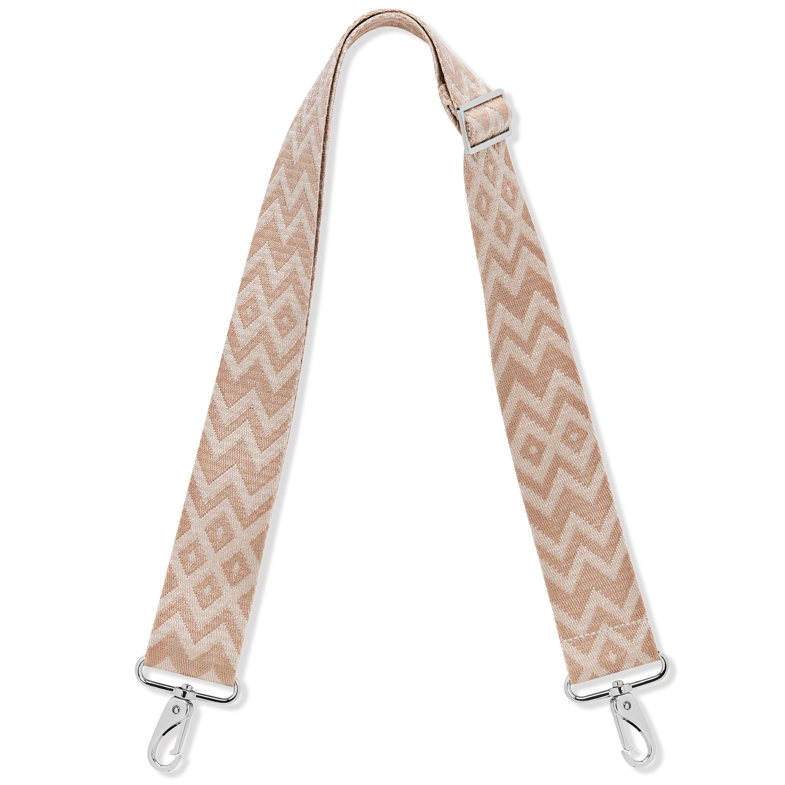 Beiger Schultergurt mit geometrischem Boho-Muster und Metallhaken