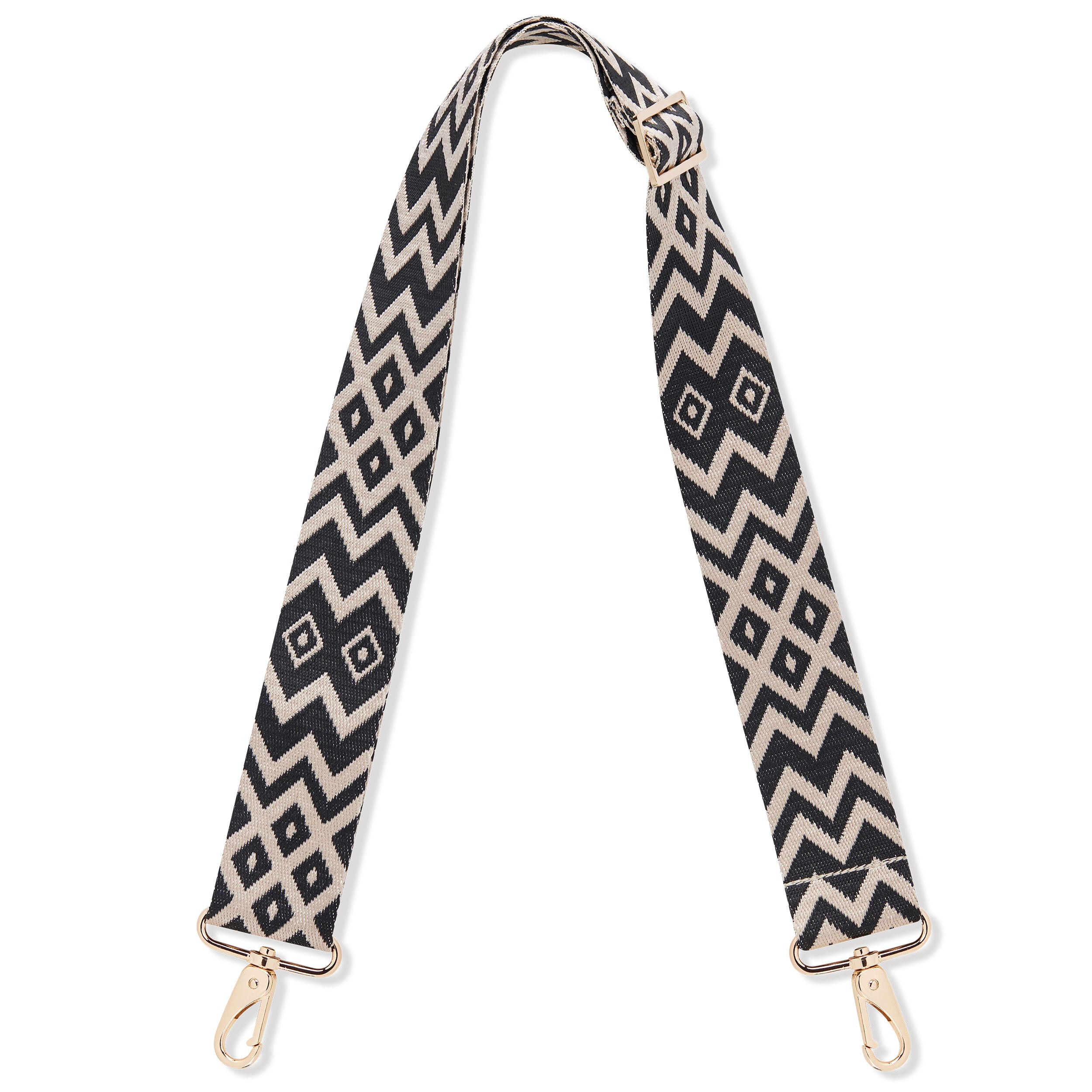 Schultergurt 'Strap Jeanne Boho' mit schwarz-beigem Ethno-Muster und goldfarbenen Karabinern