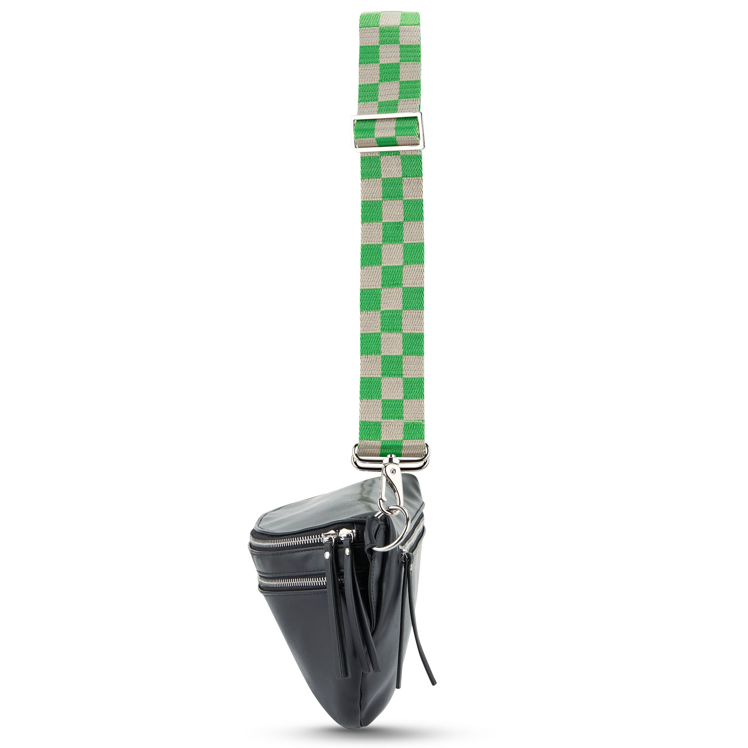 Schwarze Tasche mit grün-beigem kariertem Schultergurt 'Strap Jeanne Checkered'