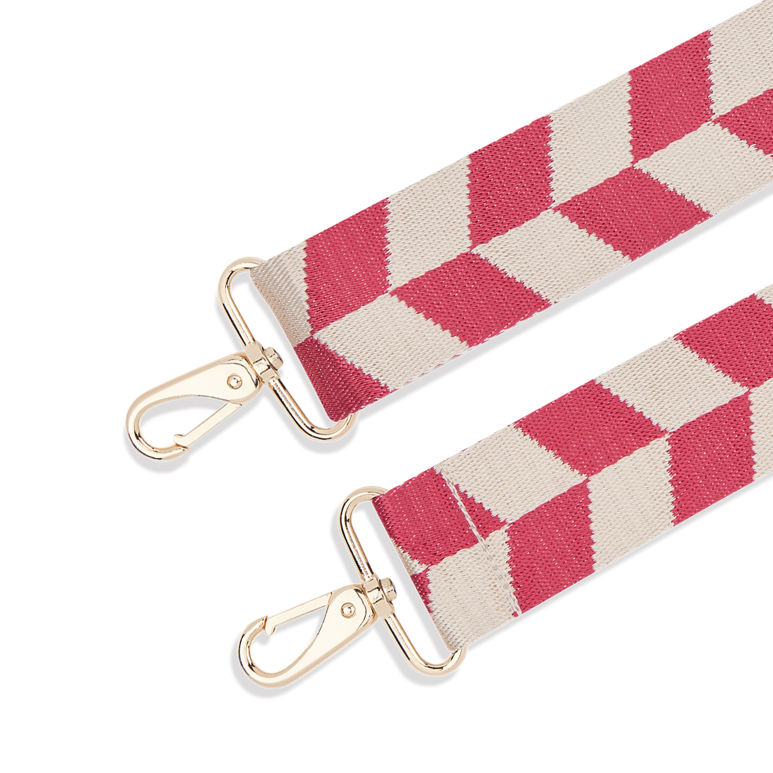 Schultergurt 'Strap Jeanne Herringbone' mit rosa und beigem Zickzackmuster und goldfarbenen Metallkarabinern