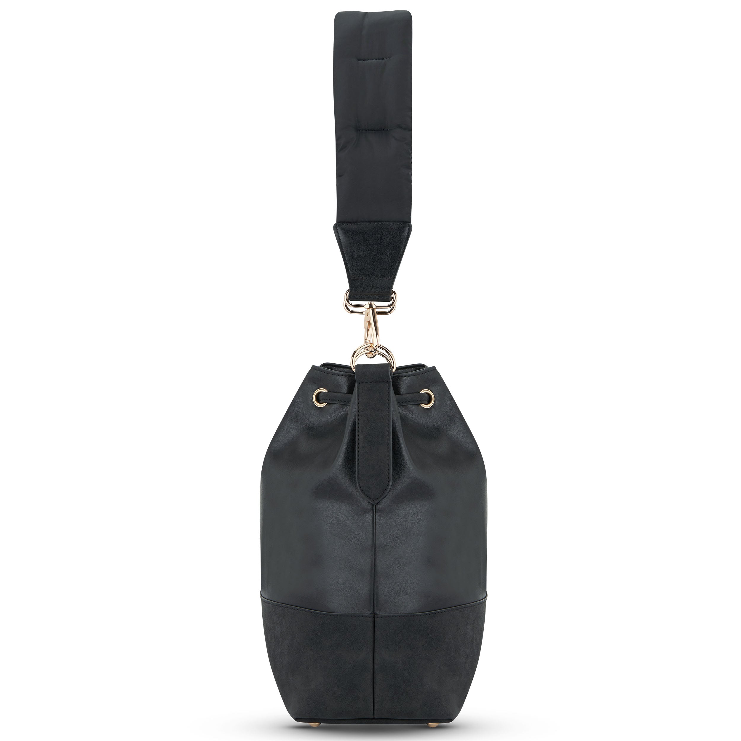 Schwarzer Schultergurt 'Strap Charlène' mit goldfarbenen Metallclips an Softbag aus Leder und Velours