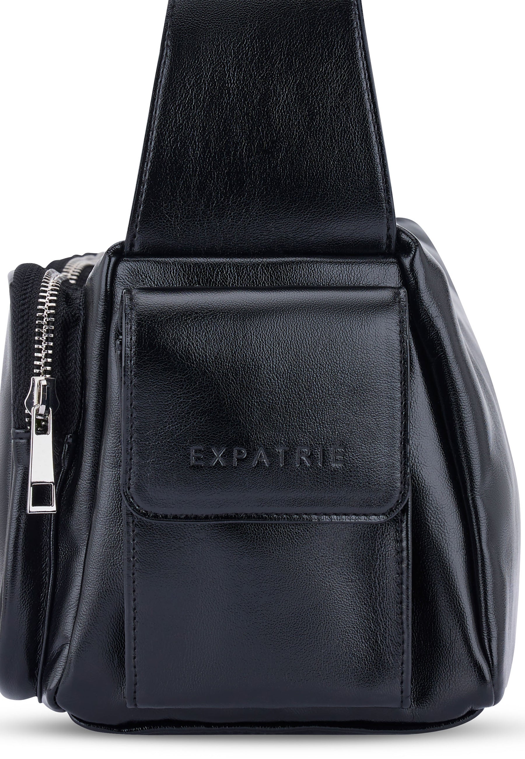 Schwarze STELLA Schultasche aus Leder mit Fronttasche und silbernem Reißverschluss