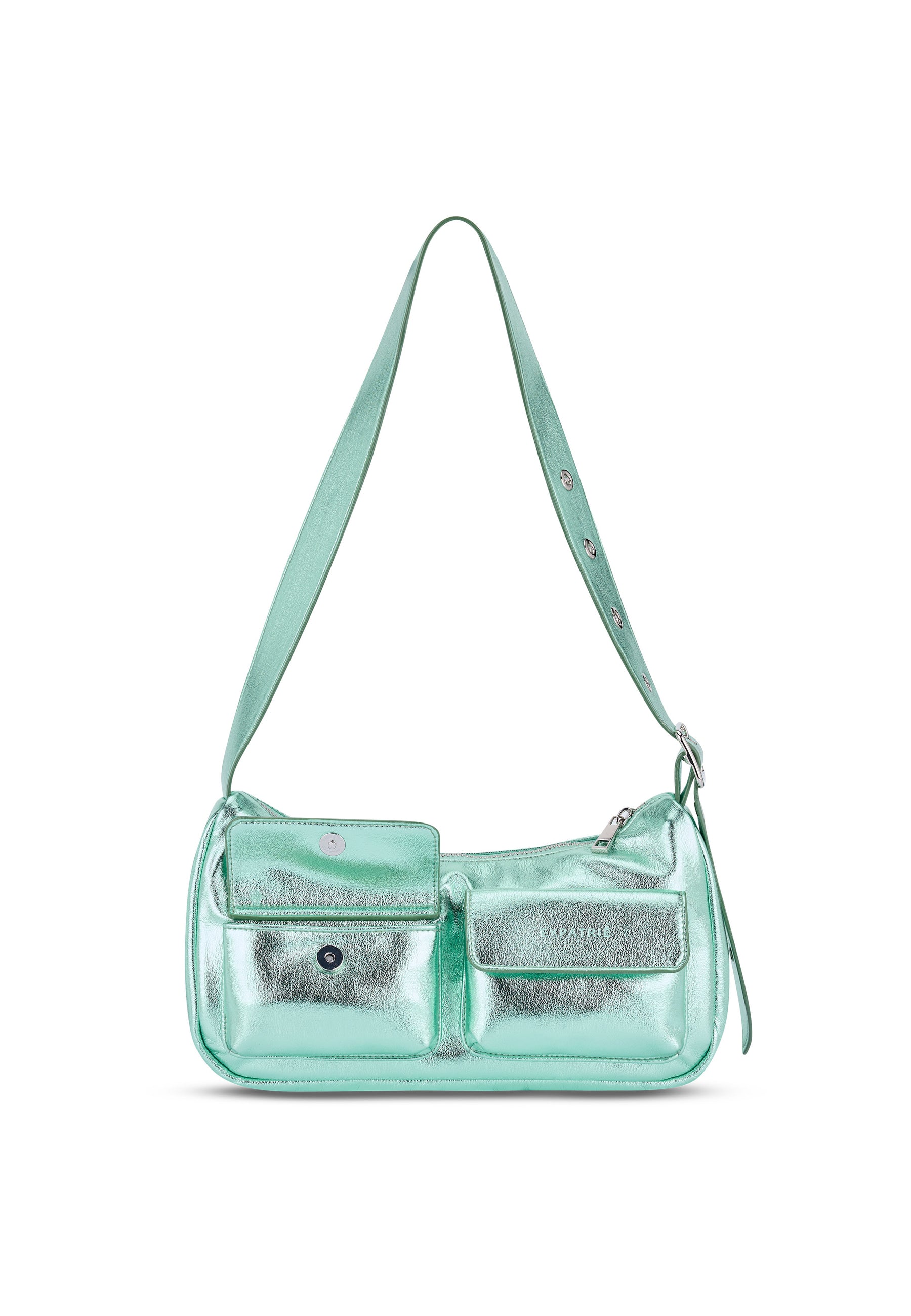 Metallic grüne ELECTRA Handtasche mit zwei vorderen Taschen und verstellbarem Gurt