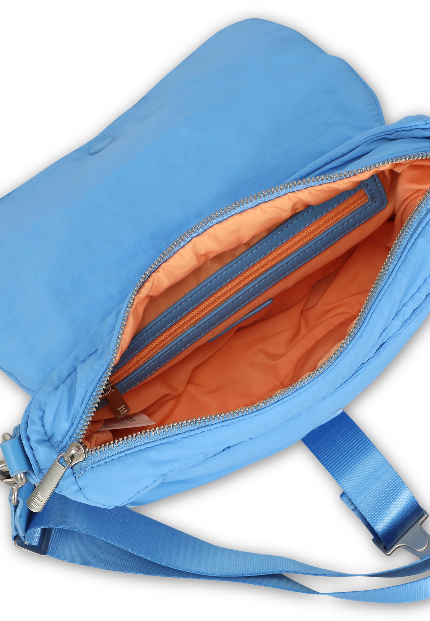Bobby Handtasche in Blau mit orangem Innenfutter und Reißverschlusstasche