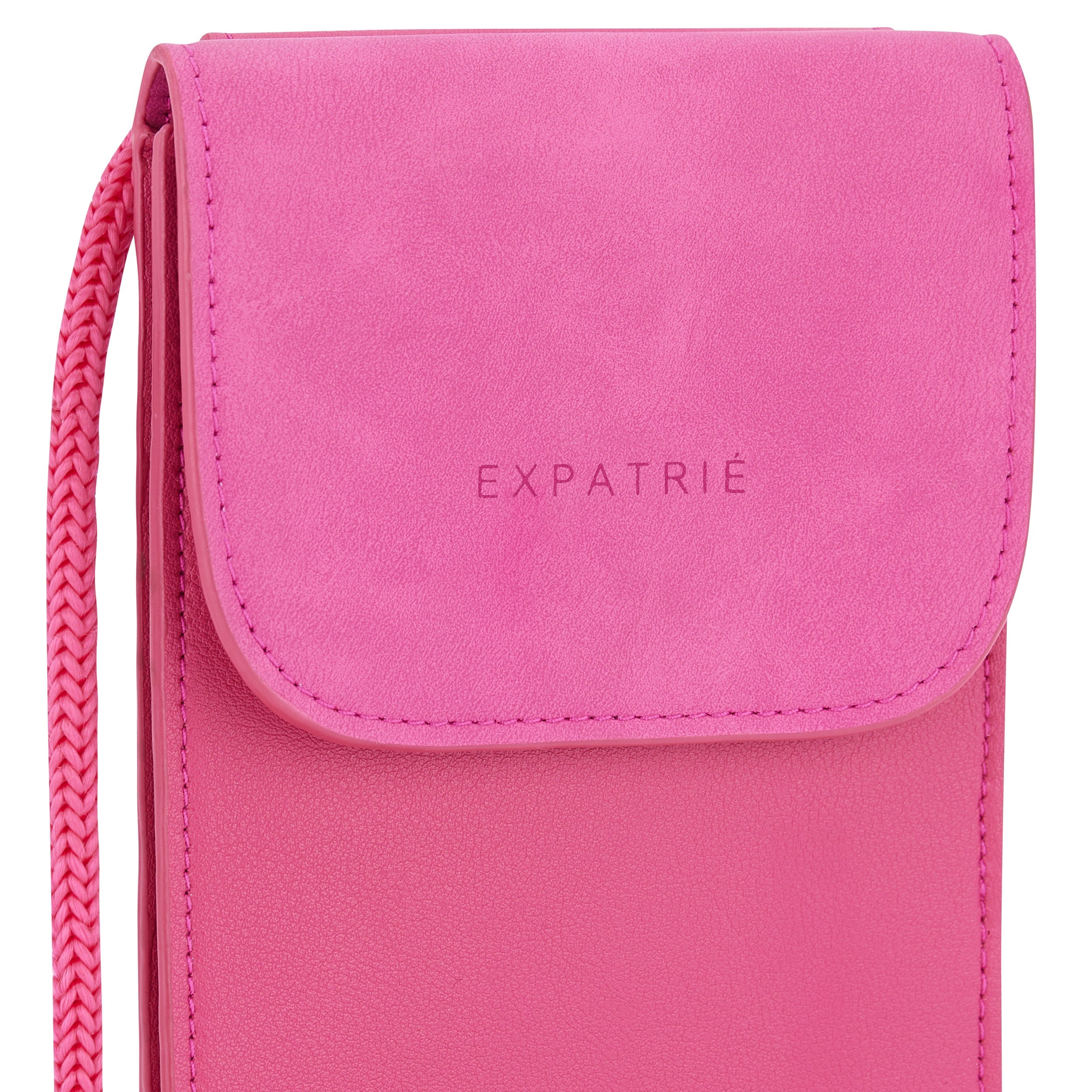 Handy Umhängetasche Amelie in Pink mit strukturierter Klappe und glattem Unterteil, Expatrié Logo geprägt
