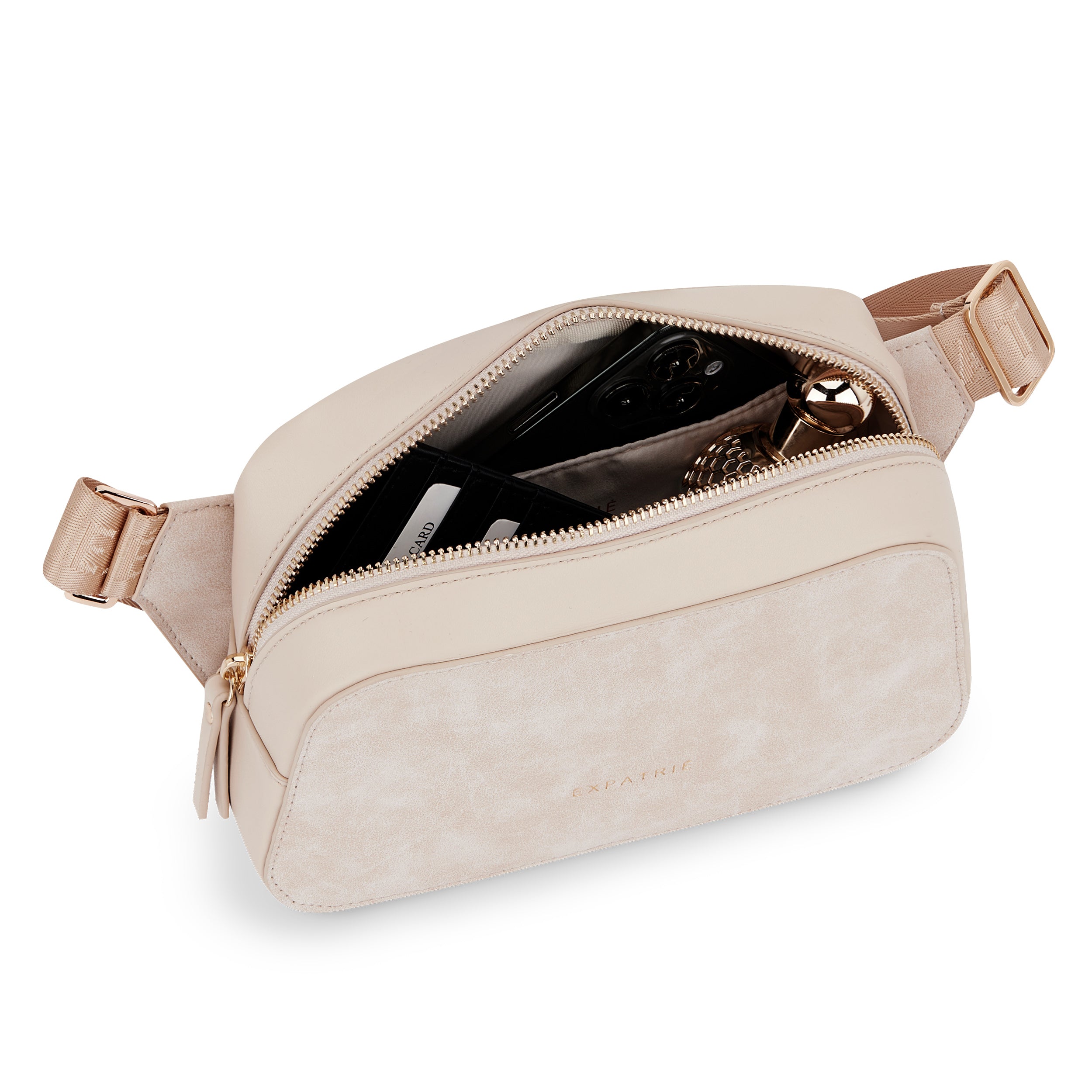 Beige Umhängetasche Fleur aus Leder mit Reißverschluss und verstellbarem Gurt, teilweise geöffnet mit Kartenetui und Schlüsselanhänger innen