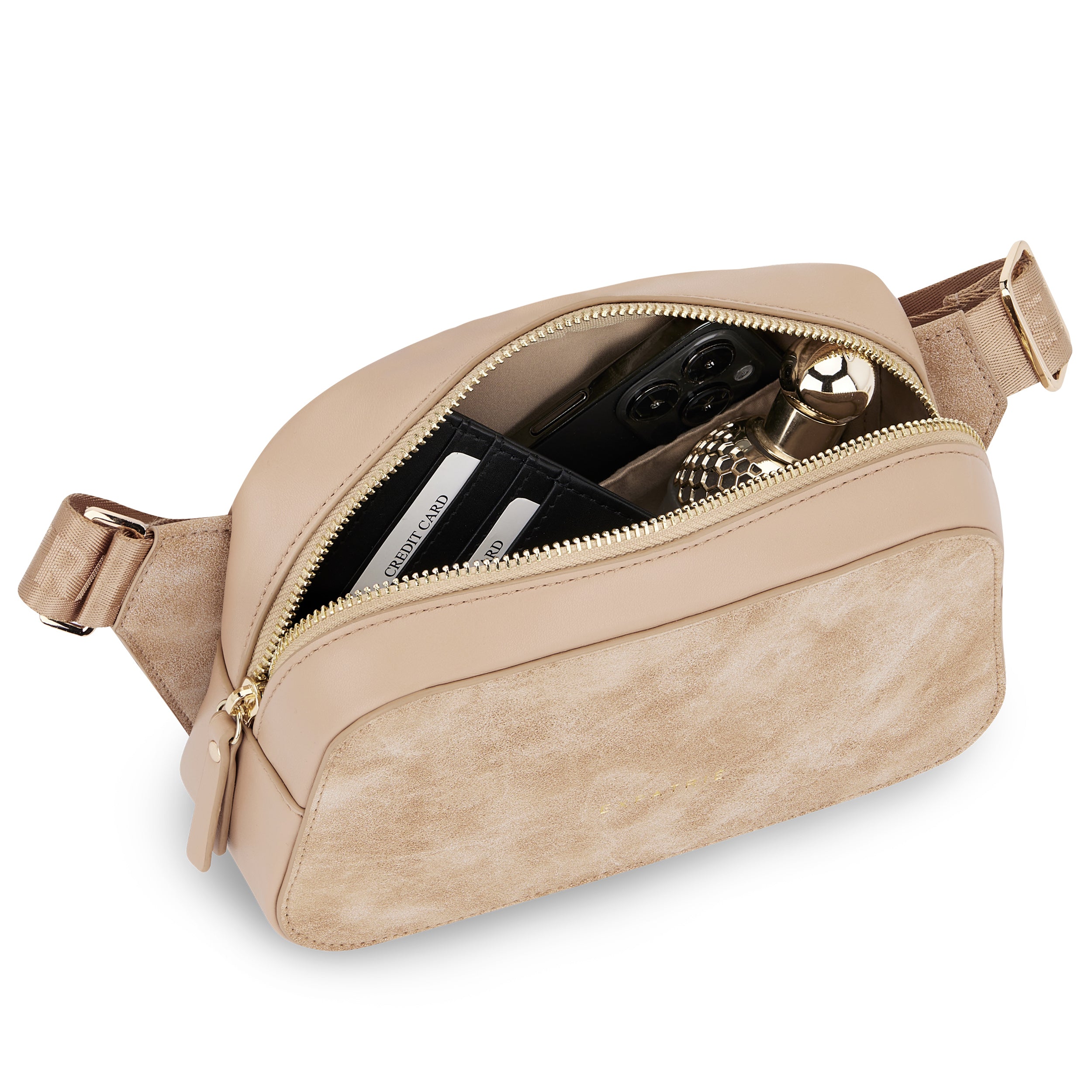 Beige Umhängetasche 'Fleur' aus Leder und Wildleder, geöffnet mit Kreditkarten, Parfümflasche und Smartphone innen