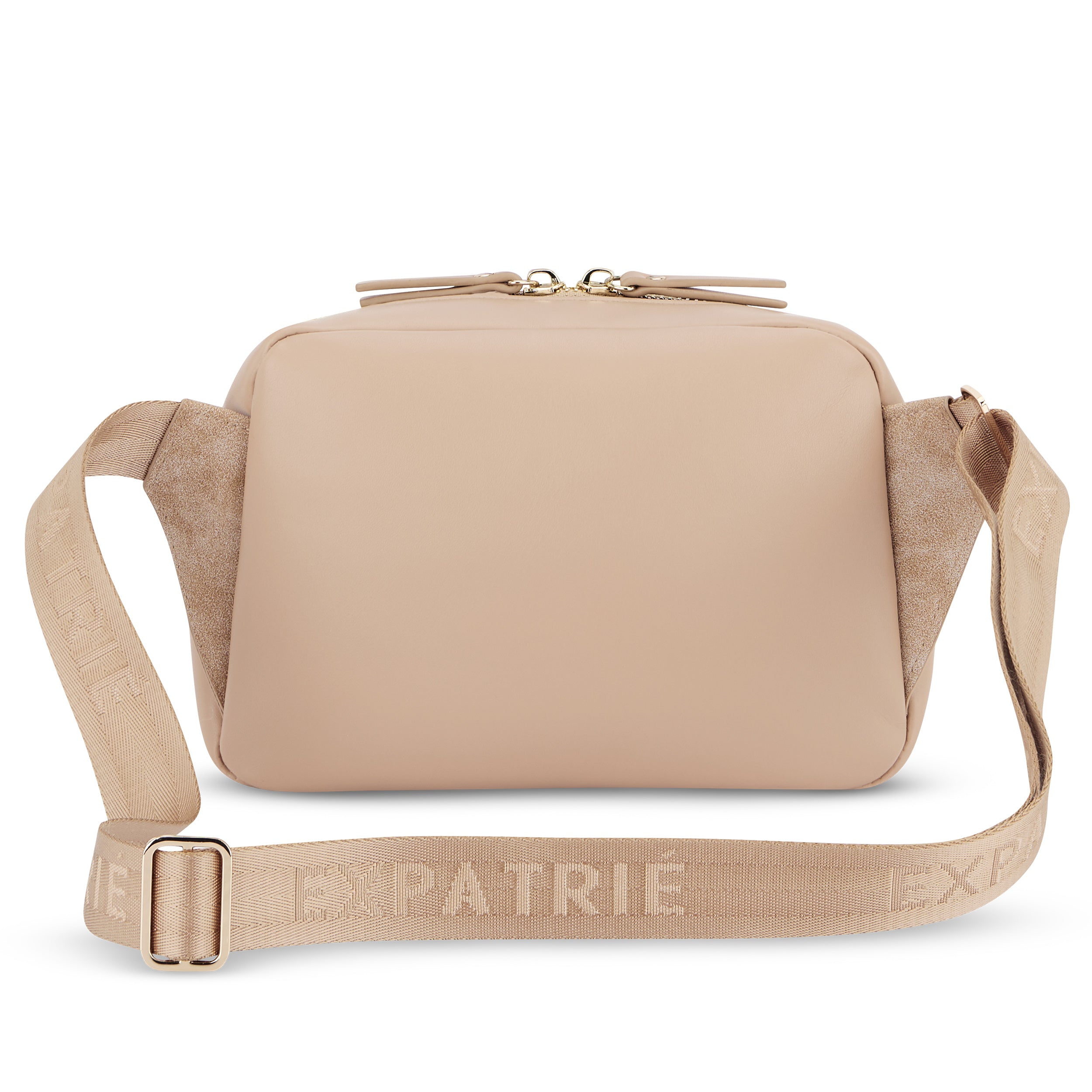 Beige Umhängetasche Fleur für Damen mit verstellbarem Riemen und goldfarbenen Reißverschlüssen