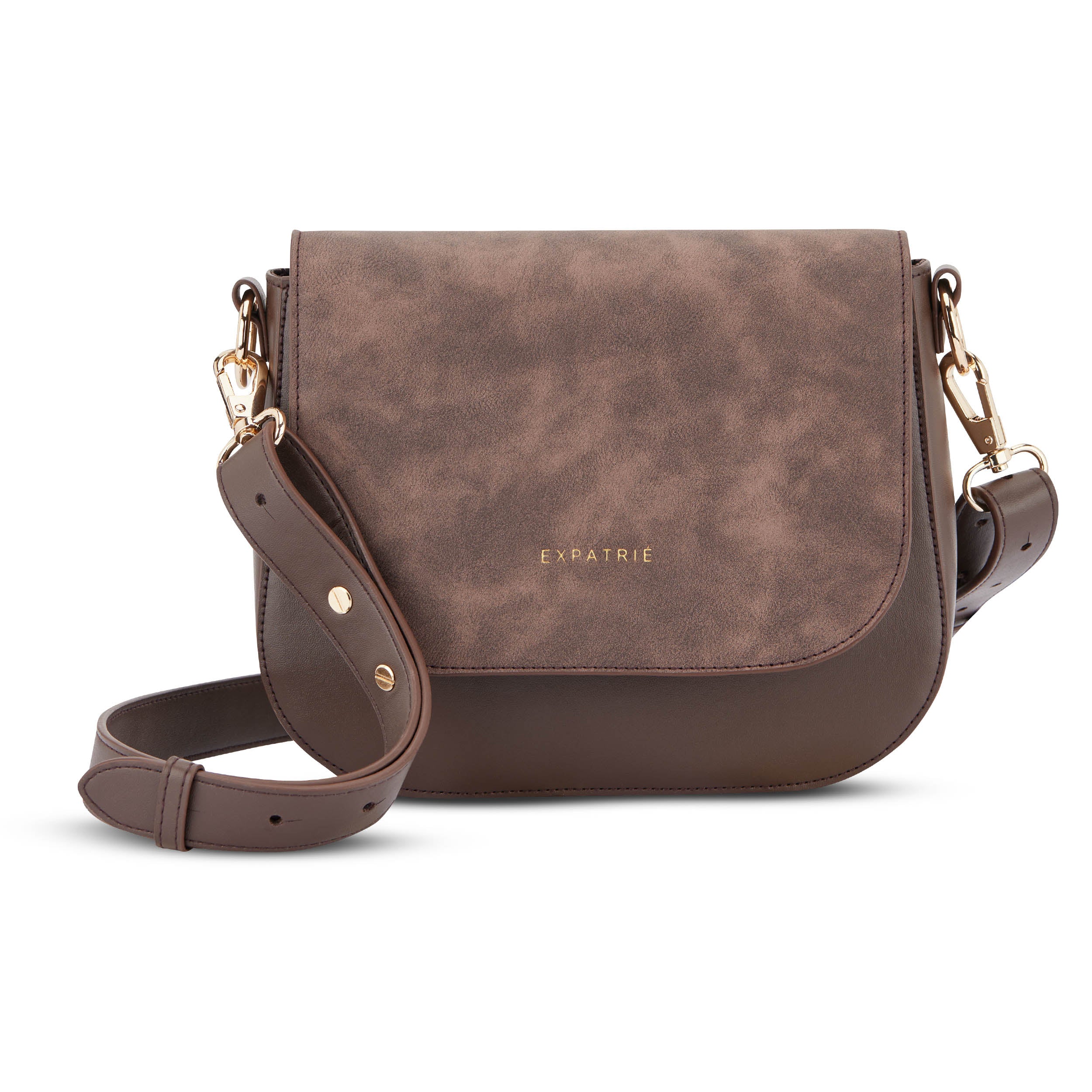 Braune Saddle Bag Louise Medium Umhängetasche aus braunem Material mit verstellbarem Riemen und goldfarbenen Details von Expatrié