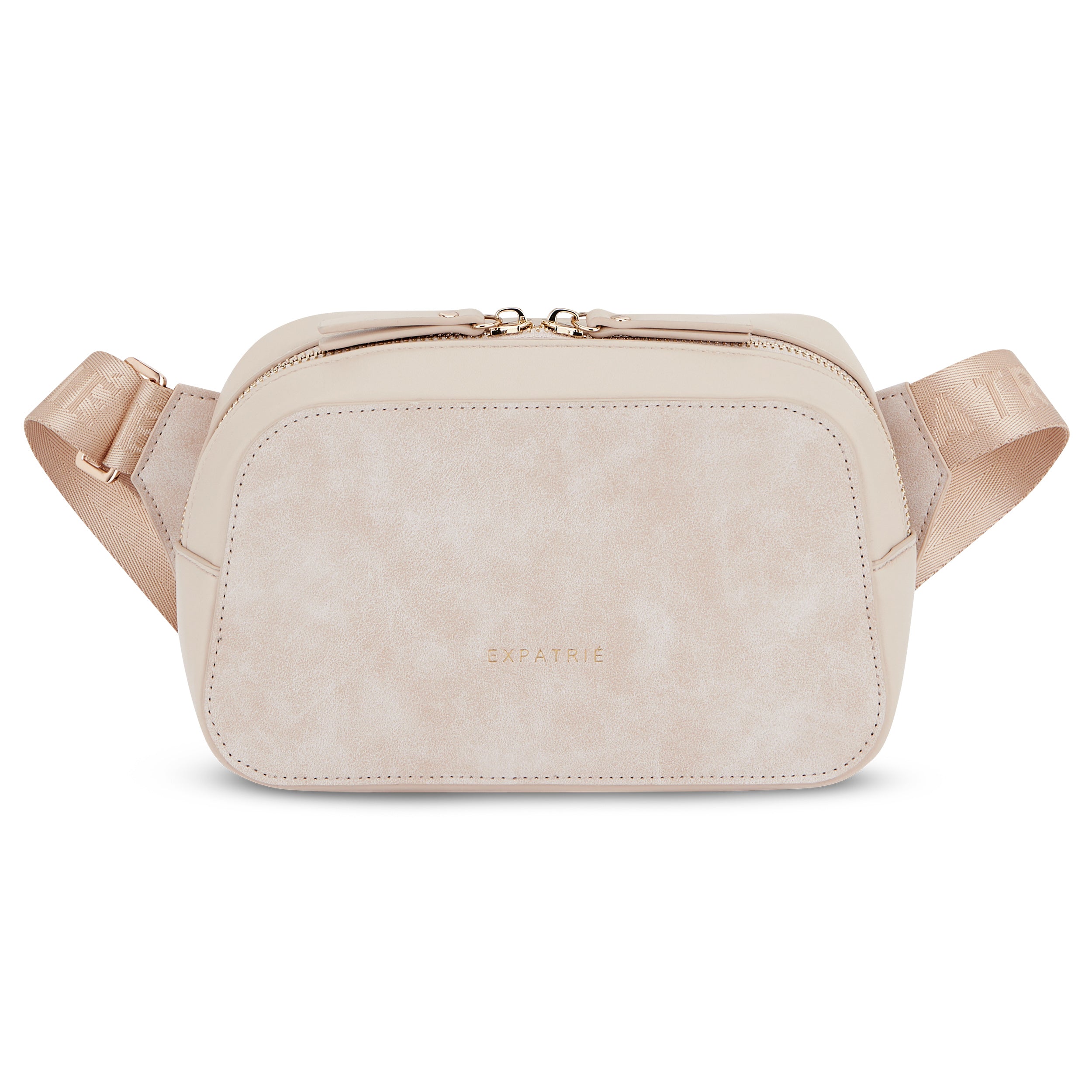 Moderne Umhängetasche Fleur von Expatrié in beige mit goldfarbenem Schriftzug und verstellbarem Gurt
