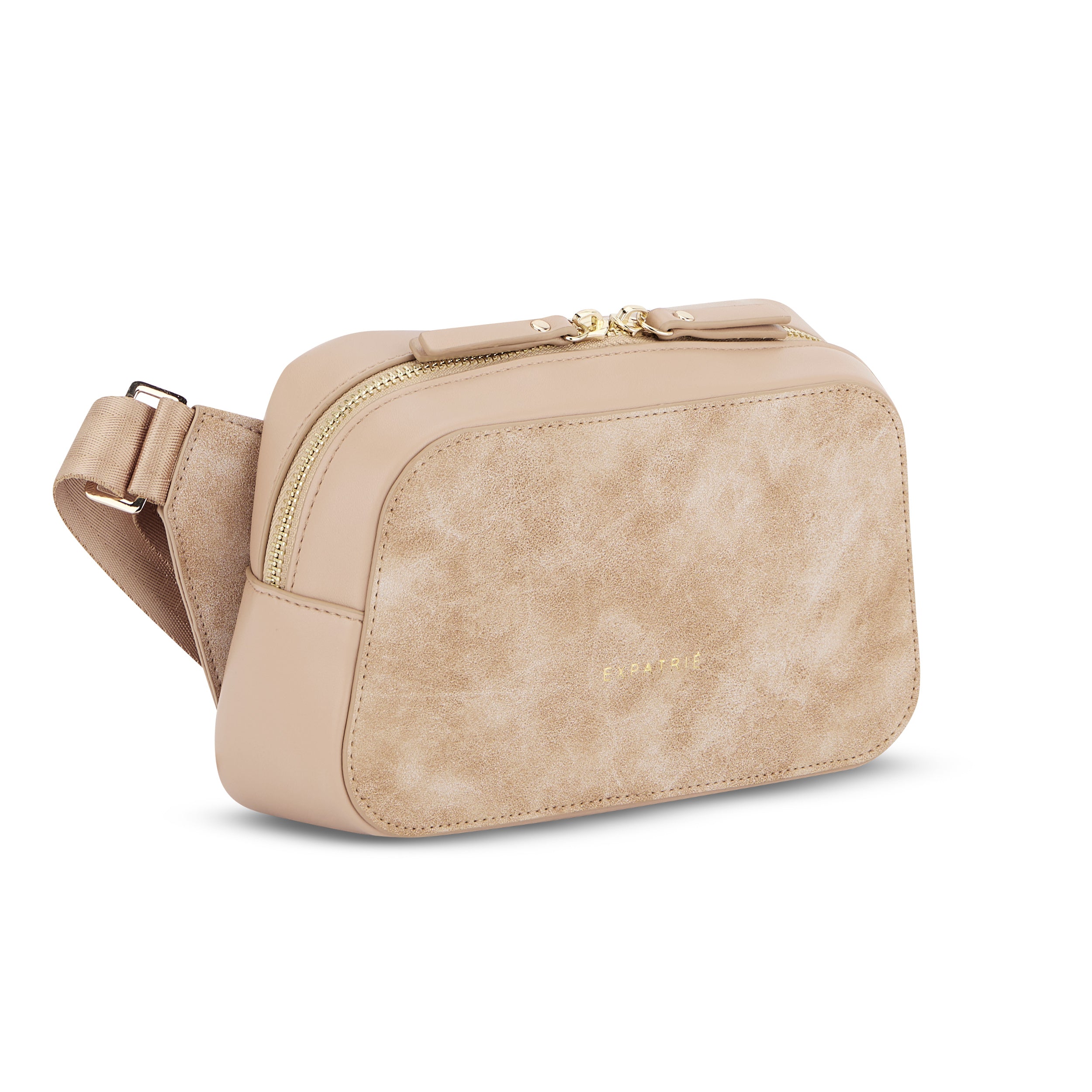 Beige Umhängetasche 'Fleur' für Damen mit feiner Veloursfront und goldfarbenem Reißverschluss
