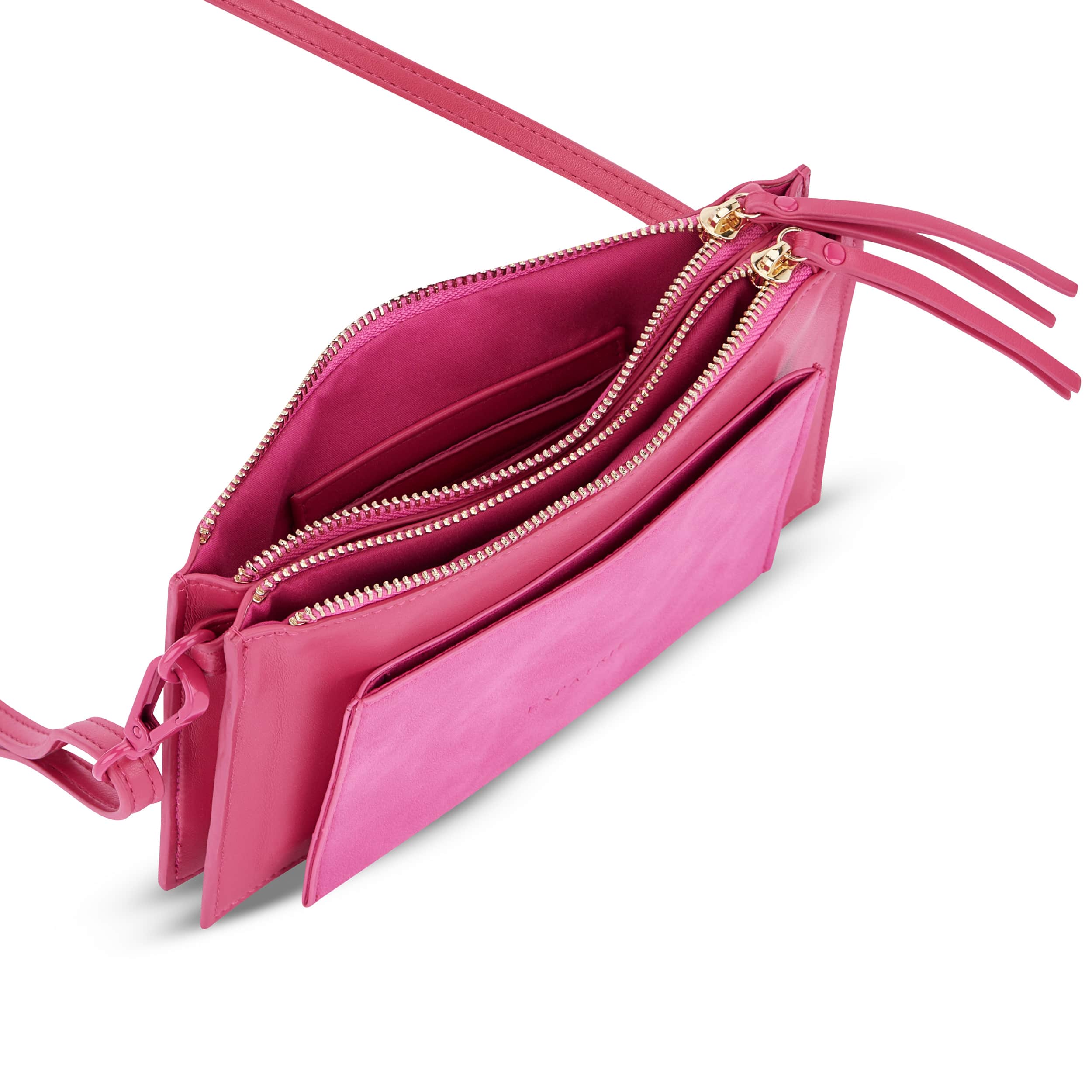 Clutch Isabelle in Pink mit mehreren Reißverschlussfächern und Außenfach aus Leder