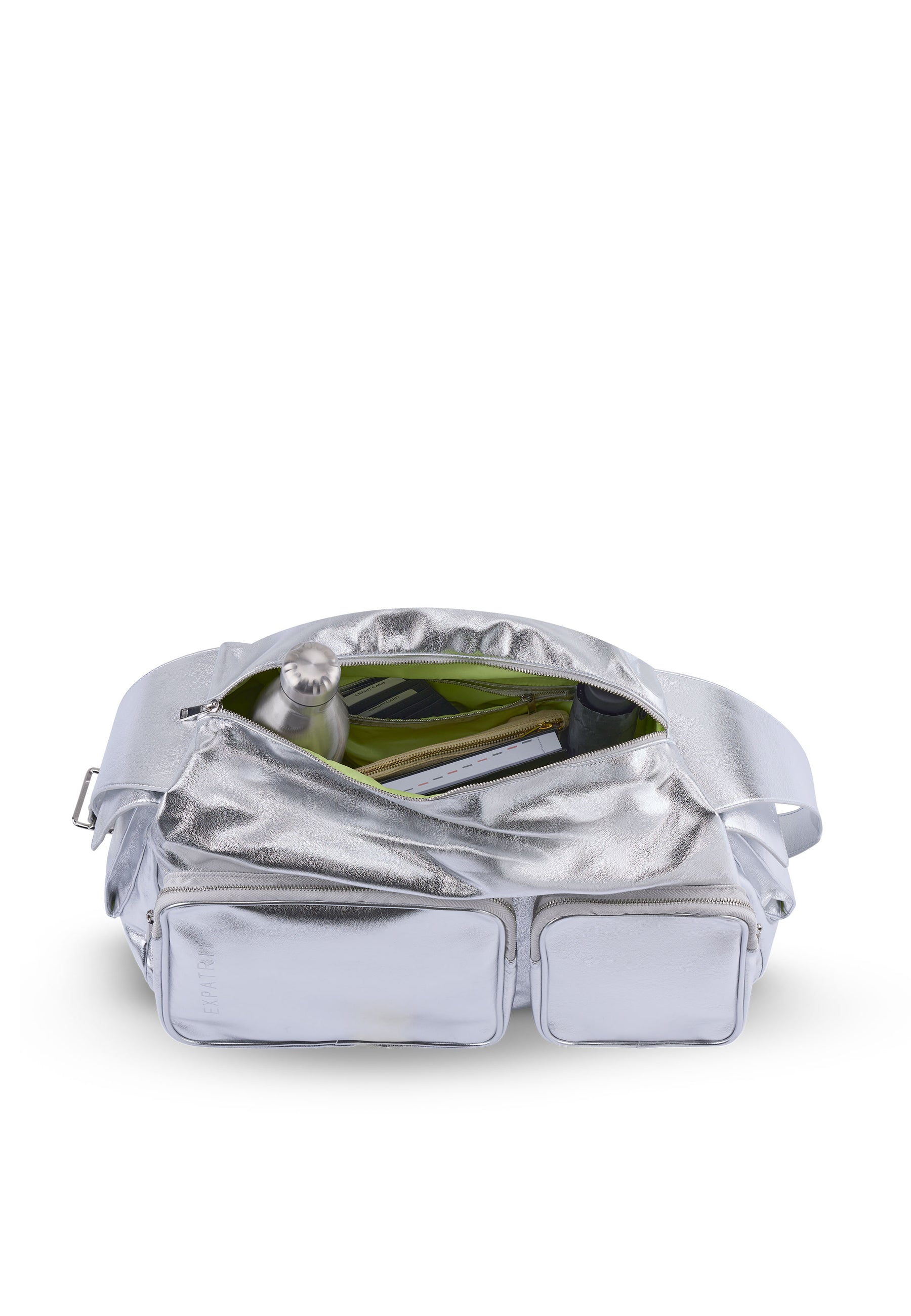 Silber-metallic Weekender-Tasche NOVA mit zwei Reißverschlusstaschen und sichtbarem Inhalt