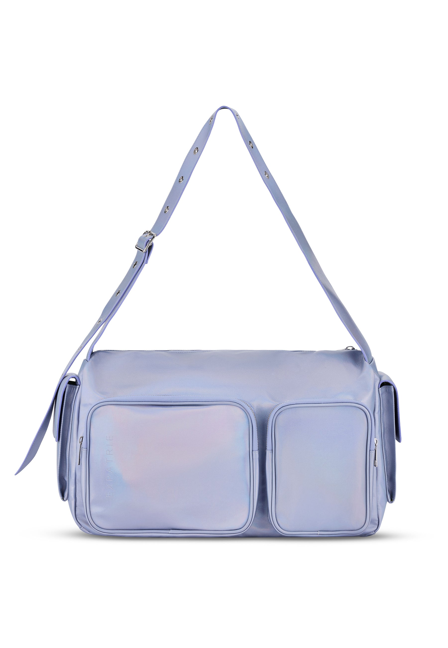 NOVA Weekender-Tasche in metallischem Violett mit verstellbarem Schulterriemen und zwei Fronttaschen