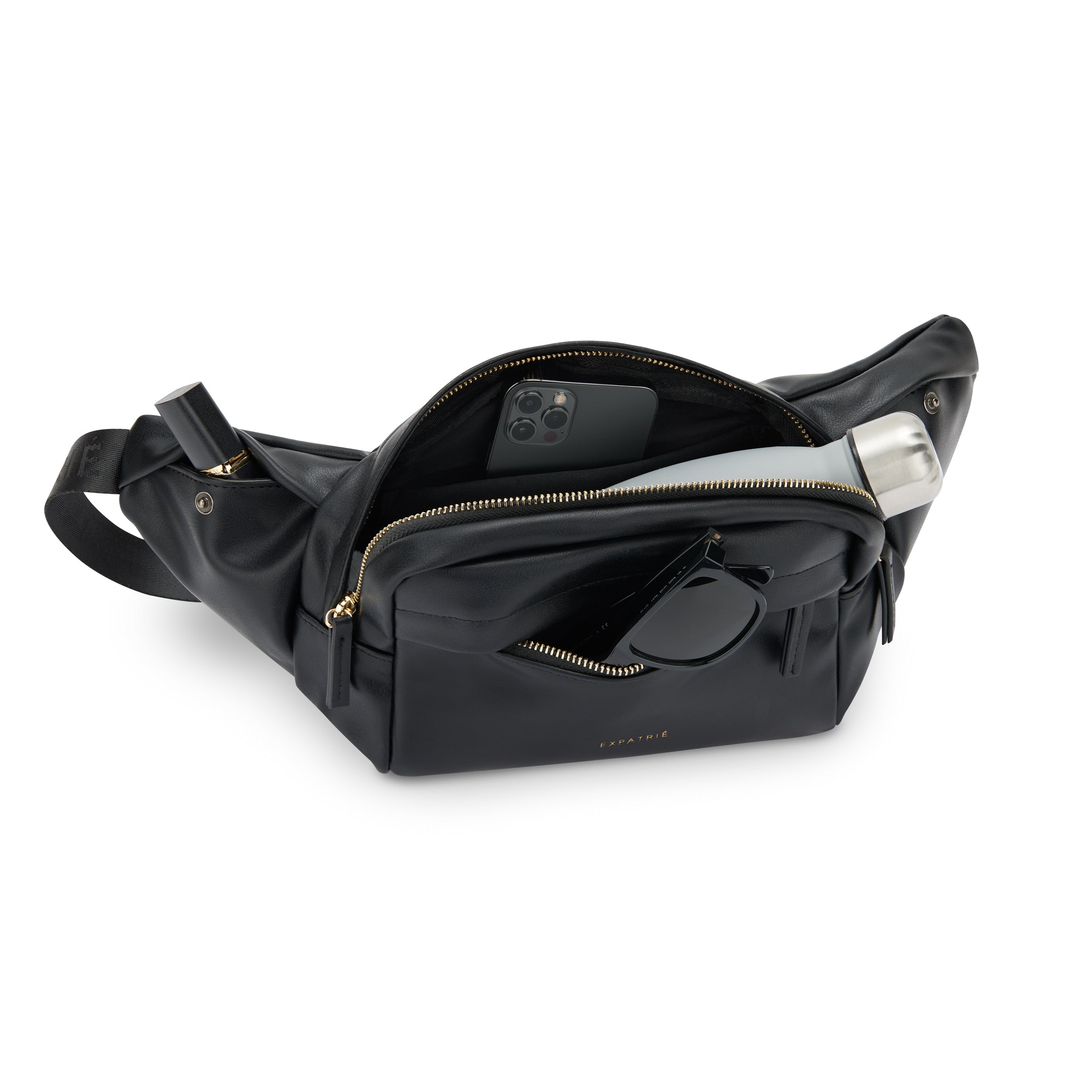 Schwarze Bauchtasche Justine aus PU mit mehreren Reißverschlusstaschen, enthält Handy, Sonnenbrille, Lippenstift, Trinkflasche