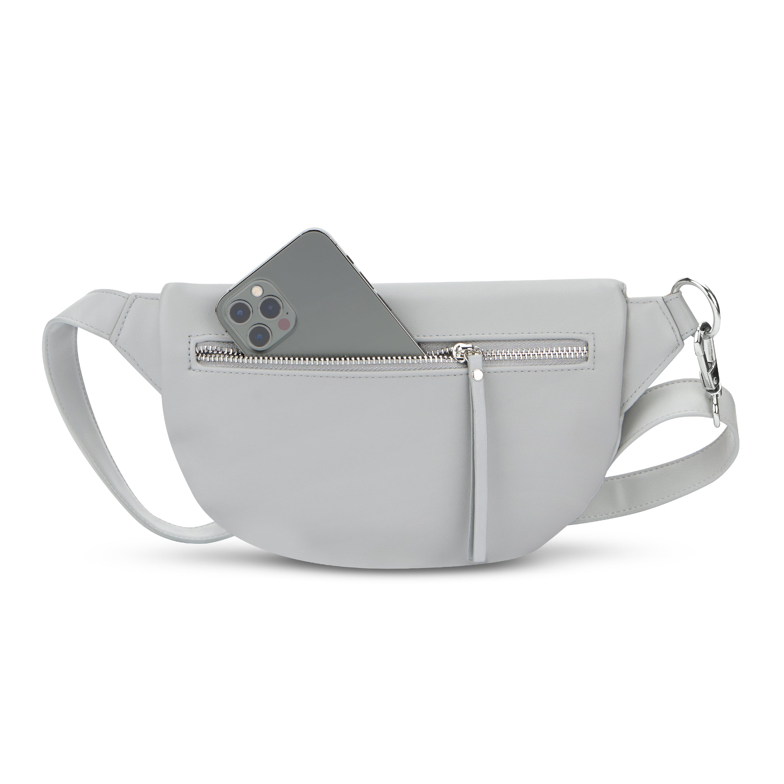 Graue Bauchtasche Alice Small aus Leder mit Reißverschlusstasche, Handy steckt vorne außen
