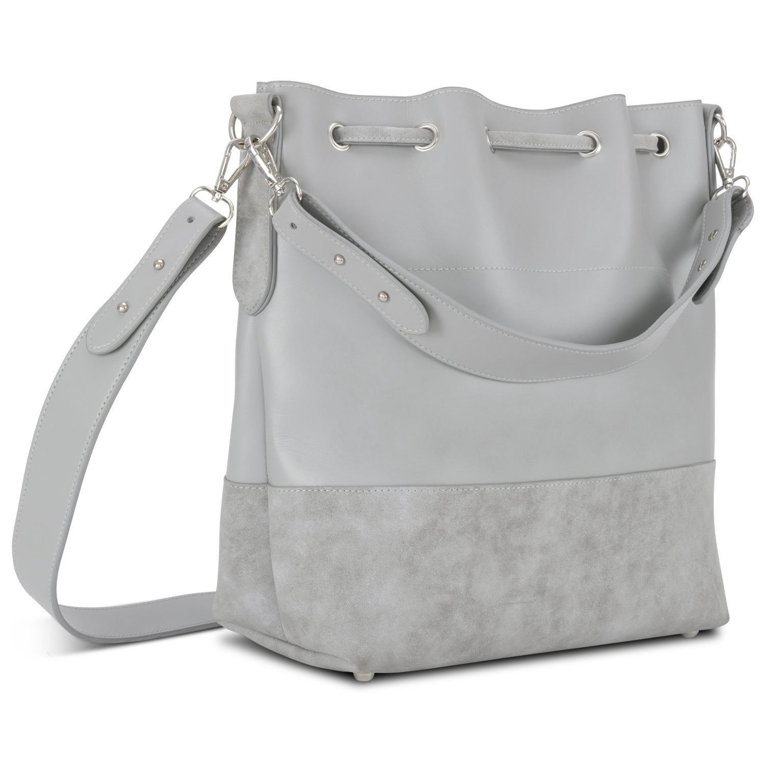 Beuteltasche Sarah für Damen in hellgrau mit Kordelzug und breitem Schulterriemen, unten Velourslederoptik