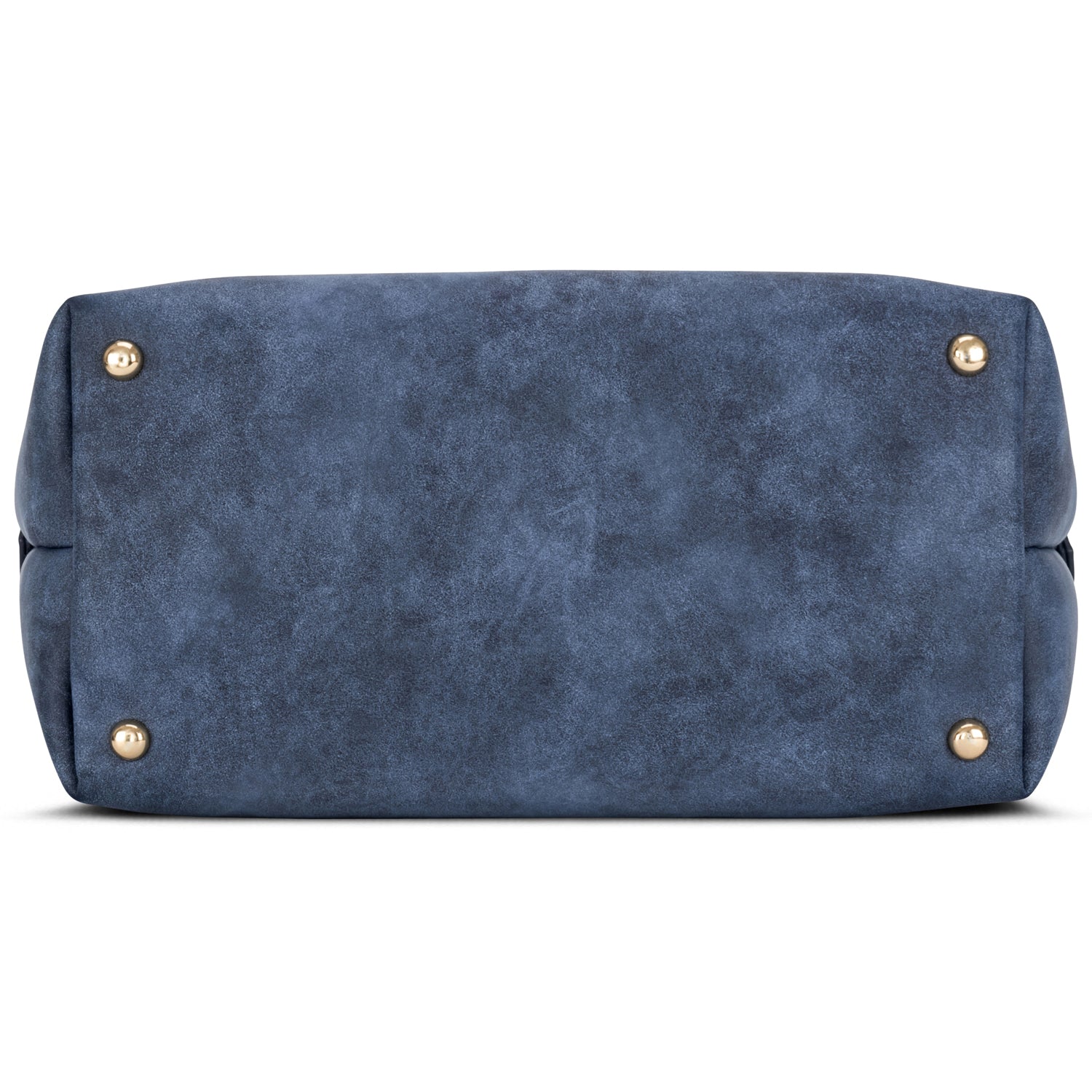 Boden der blauen Kunstleder-Beuteltasche Sarah mit goldfarbenen Standfüßen