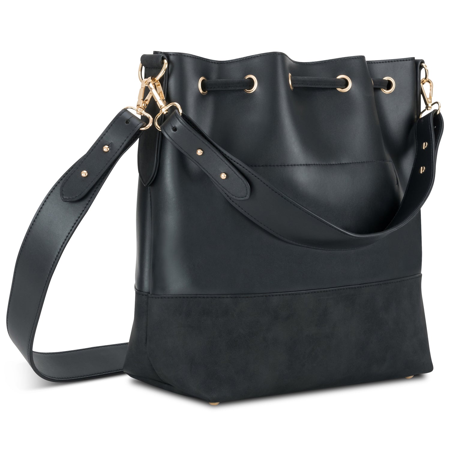 Beuteltasche Sarah aus schwarzem Leder mit goldfarbenen Metallösen und abnehmbarem Schulterriemen