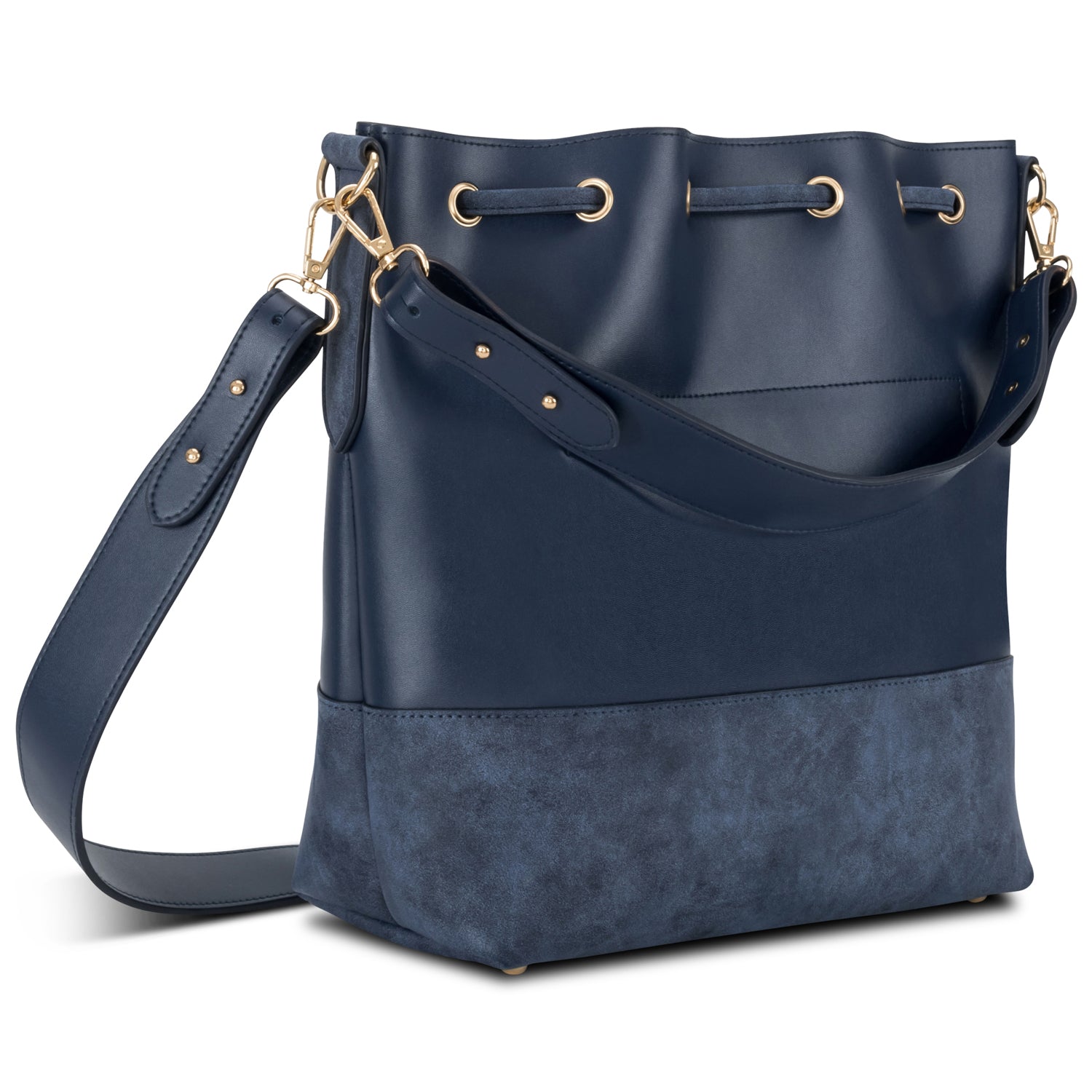 Blaue Beuteltasche Sarah aus Leder und Velours mit verstellbarem Schulterriemen und goldfarbenen Metallösen