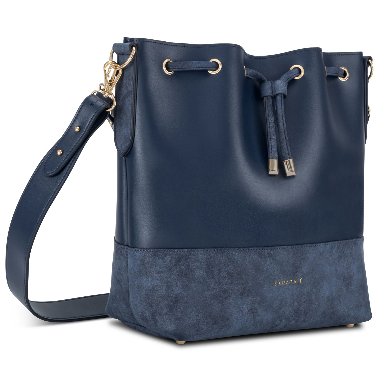 Beuteltasche Sarah aus blauem Leder mit verstellbarem Schulterriemen und Kordelzugverschluss