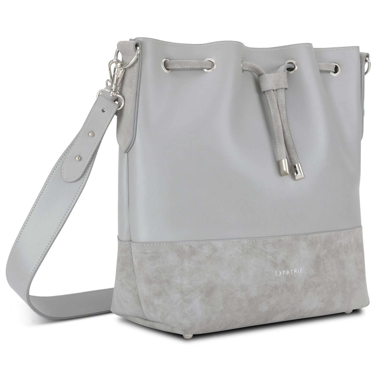 Graue Beuteltasche 'Sarah' aus glattem Leder und Velours mit verstellbarem Schulterriemen