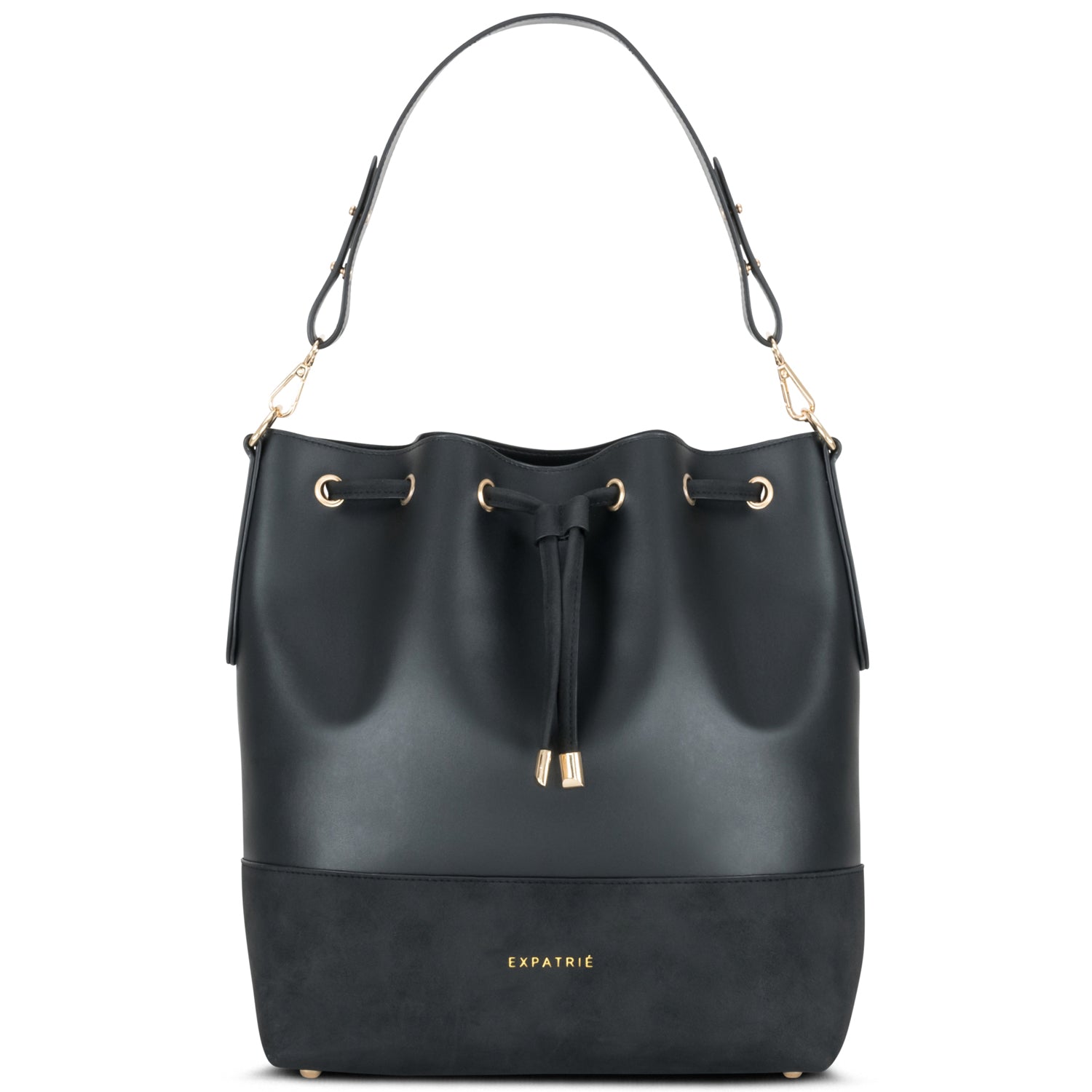 Schwarze Ledertasche Sarah für Damen mit Kordelzug und goldfarbenen Details