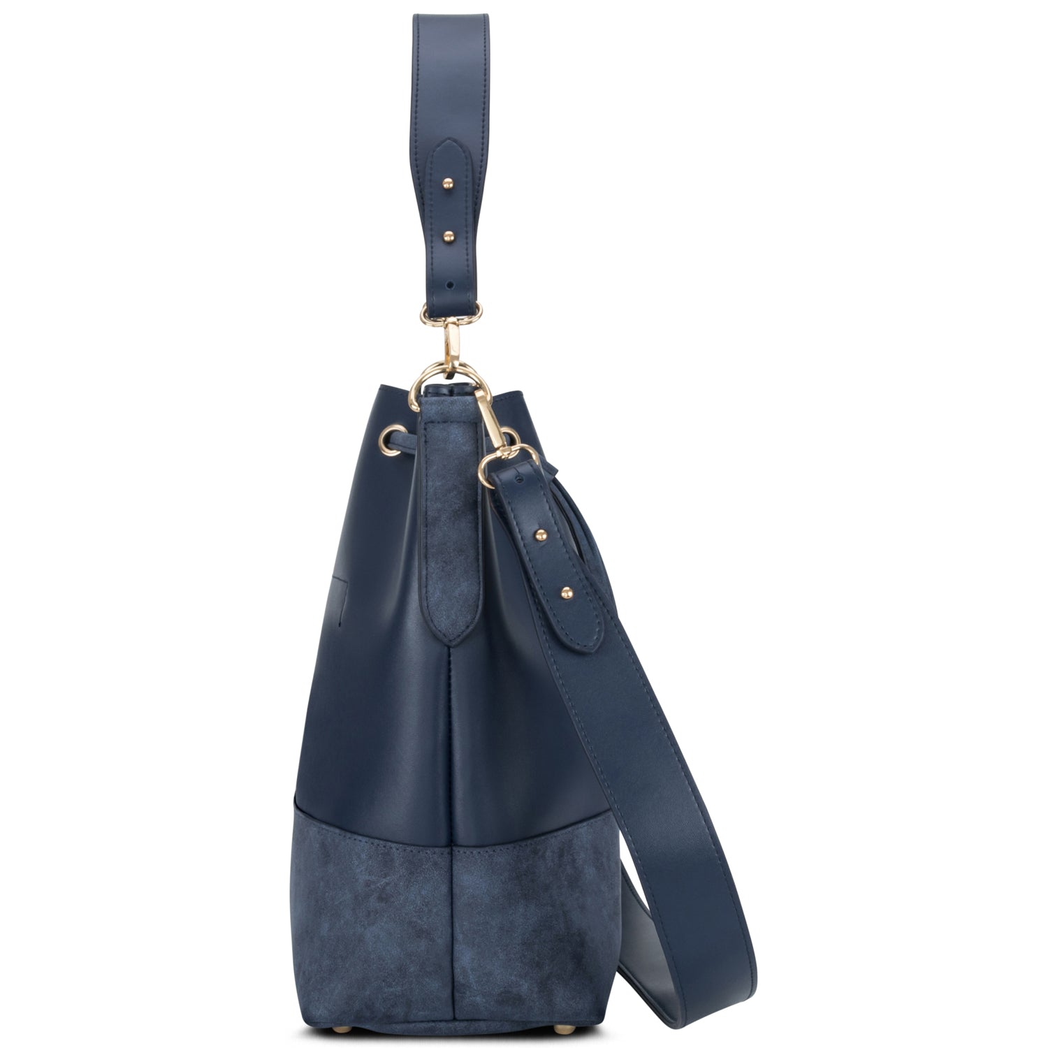 Blaue Beuteltasche Sarah für Damen mit verstellbarem Henkel und goldfarbenen Metallakzenten