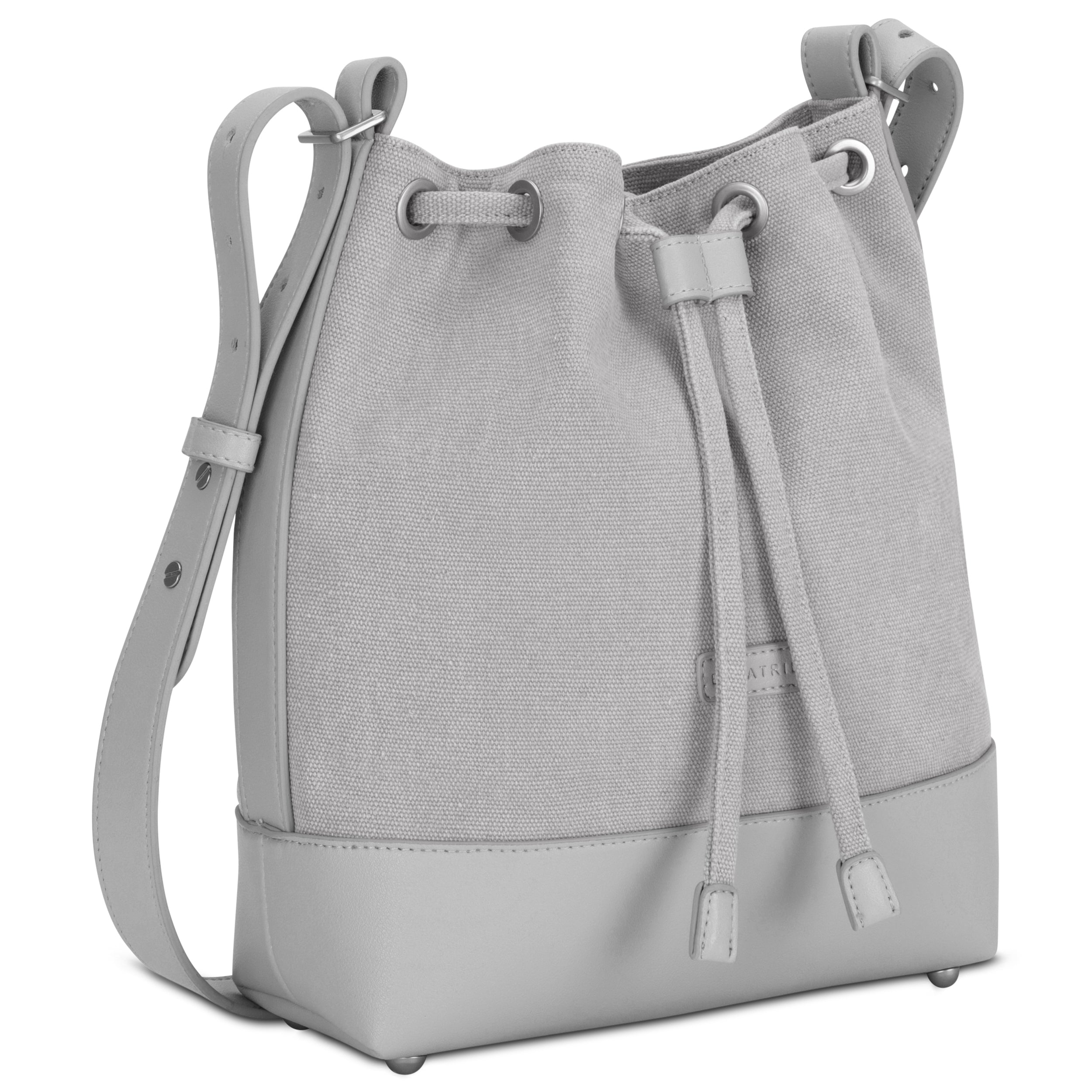 Beuteltasche Lily in Grau aus Stoff und Leder mit verstellbarem Schulterriemen