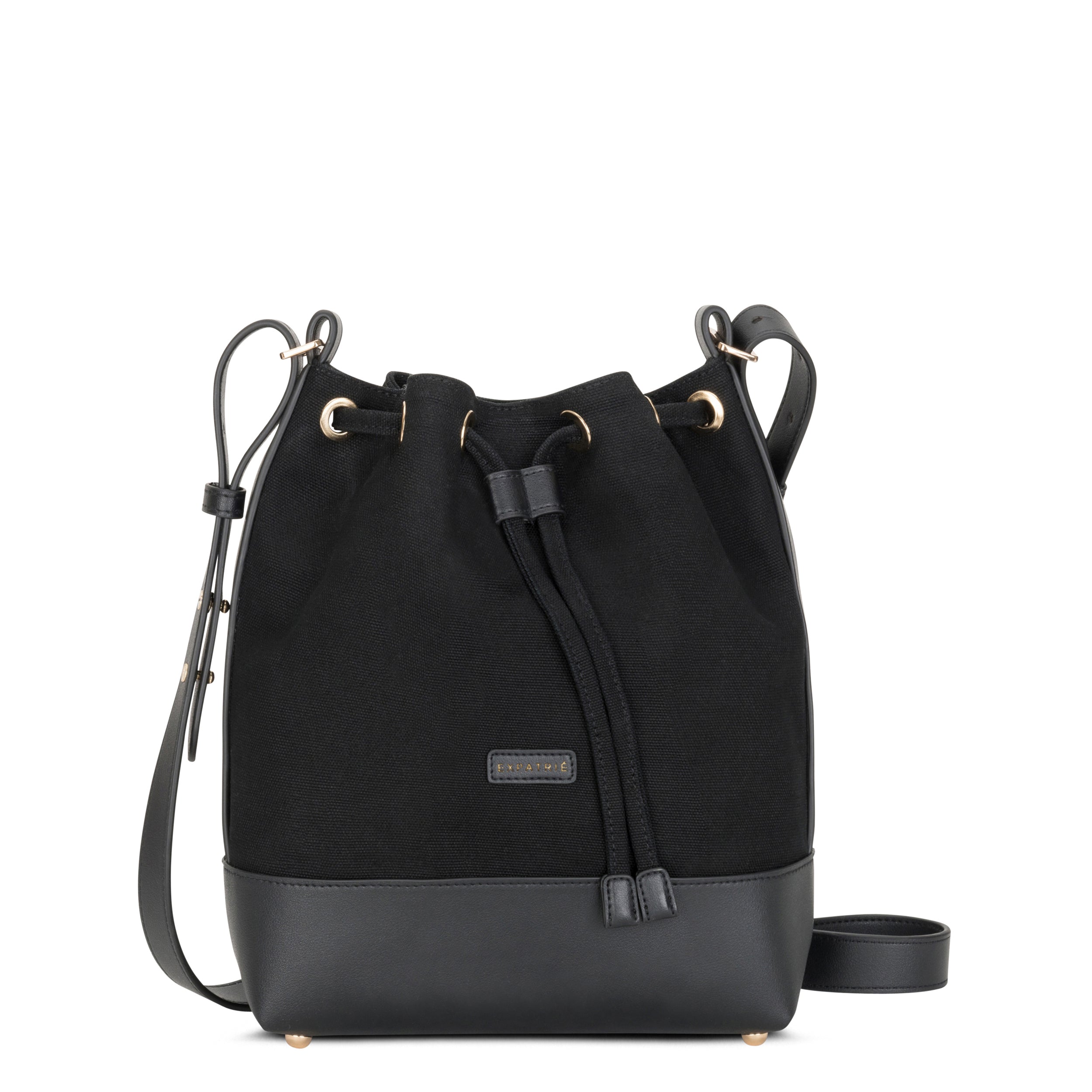 Schwarze Beuteltasche Lily für Damen mit Zugband und Lederboden