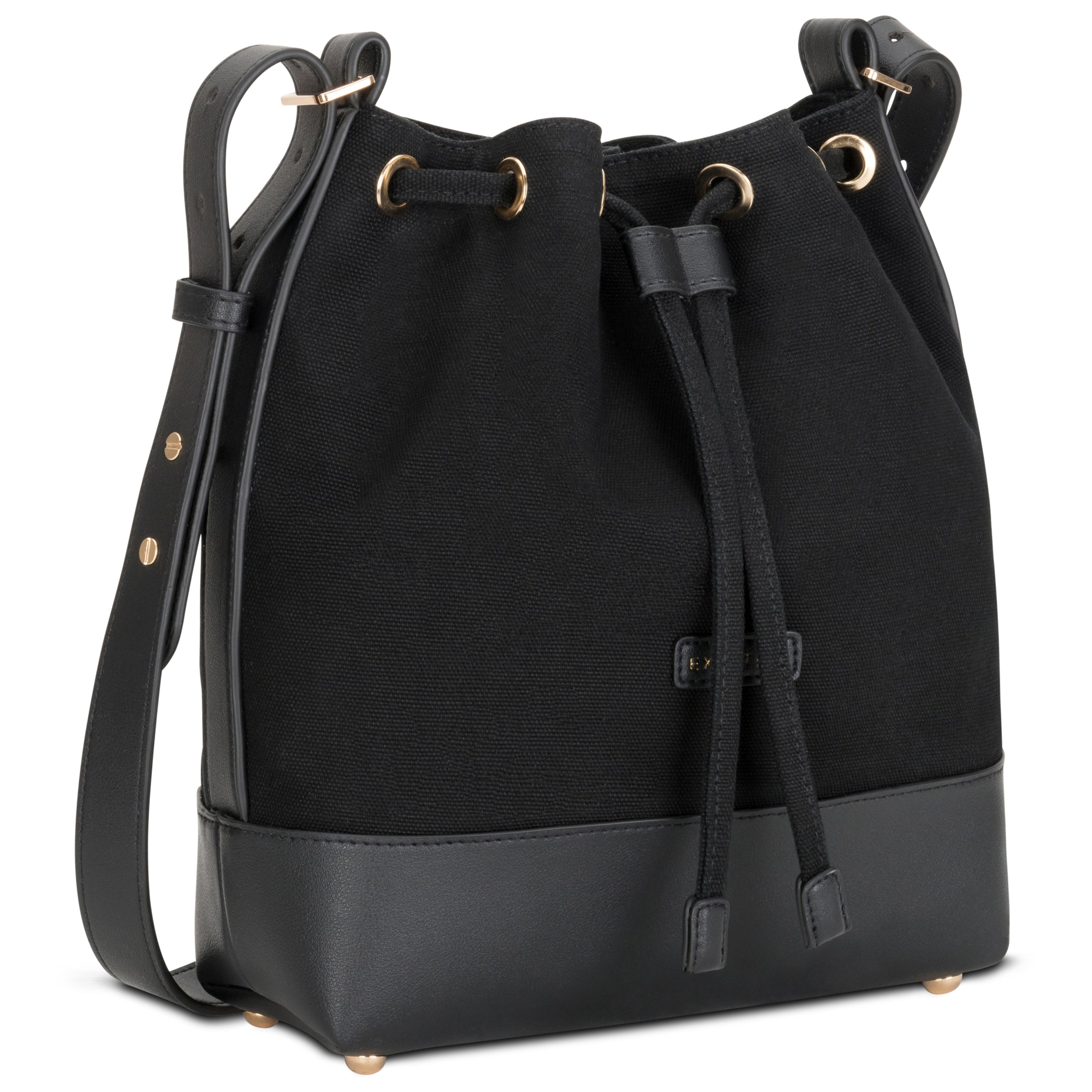 Schwarze Beuteltasche Lily aus Textil und Leder mit Lederkordel und verstellbarem Schulterriemen