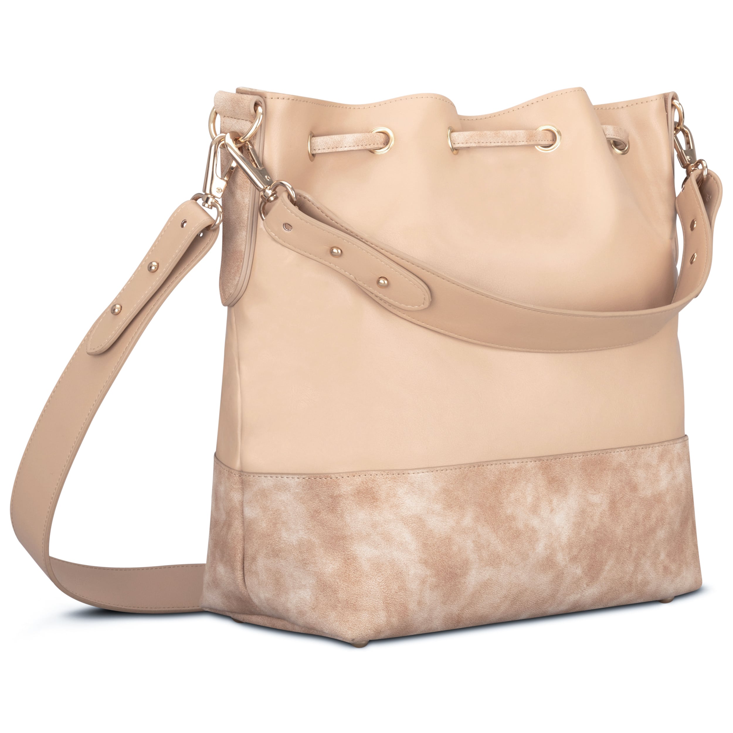 Beuteltasche Sarah für Damen in beige mit weichem, zweifarbigem Material und verstellbarem Schulterriemen