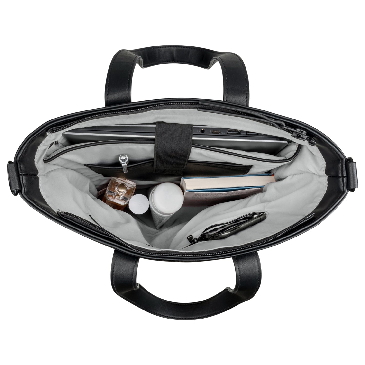 Handtasche Sophie in Schwarz mit Laptopfach, Bücher und Kosmetikartikeln von oben gezeigt