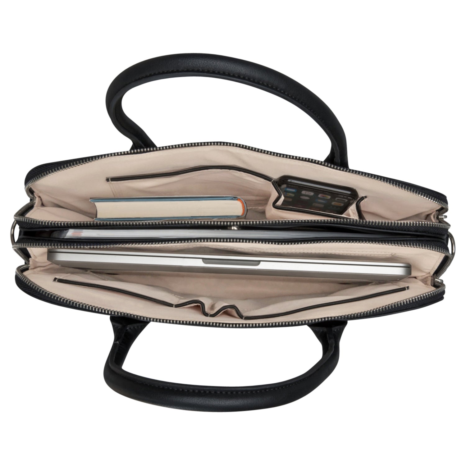 Business Handtasche Odette aus schwarzem Leder mit mehreren Fächern, offen mit Buch, Smartphone und Laptop