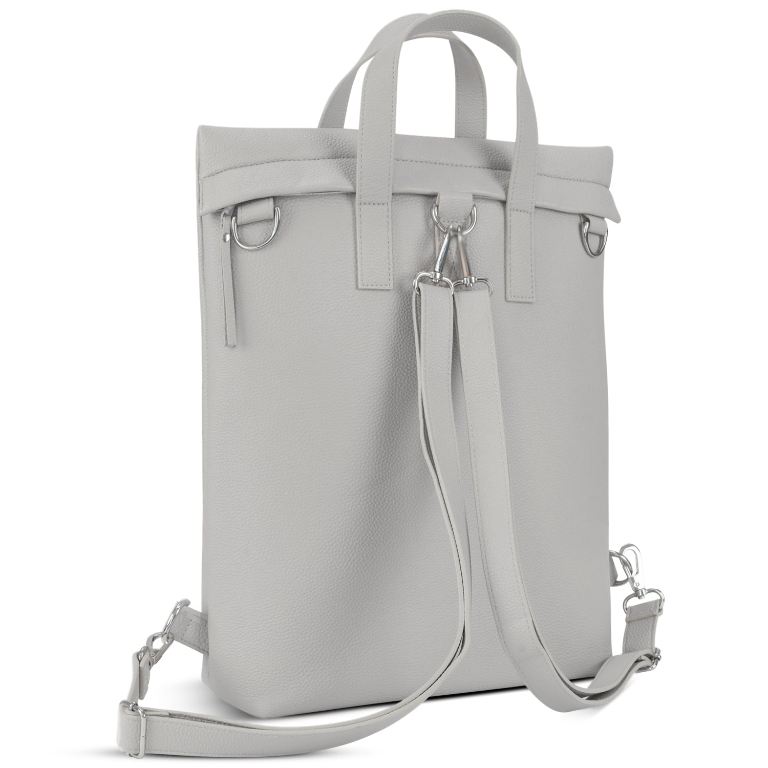 Geschlossener grauer Rucksack Tasche Lou aus Leder mit silbernen Metallringen