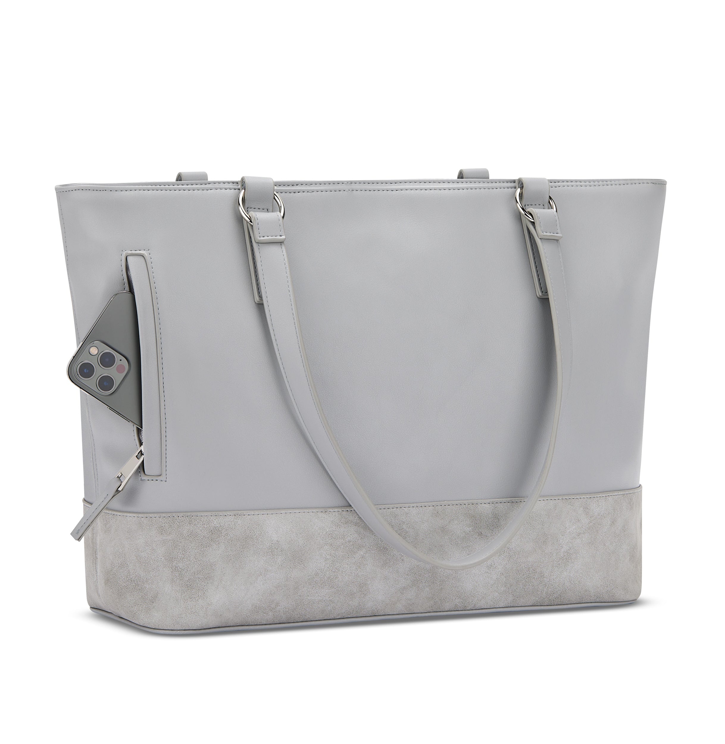 Shopper Tasche Nicole aus grauem Leder mit flachem Boden und seitlicher Außentasche mit Smartphone