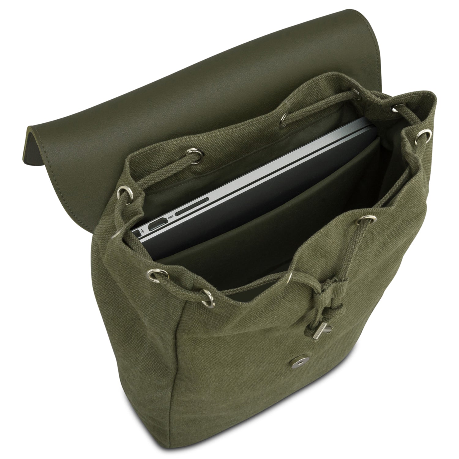 Olivegrüner Rucksack Anouk aus Canvas und Leder mit offenem Hauptfach und einem Laptopfach