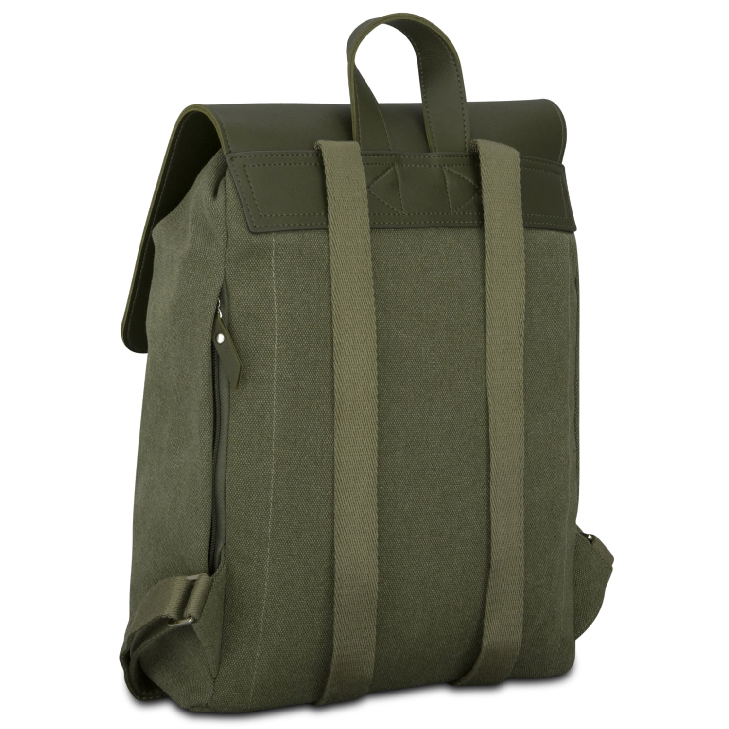 Rucksack Anouk aus olivgrünem Canvas mit Lederklappe und verstellbaren Schulterriemen