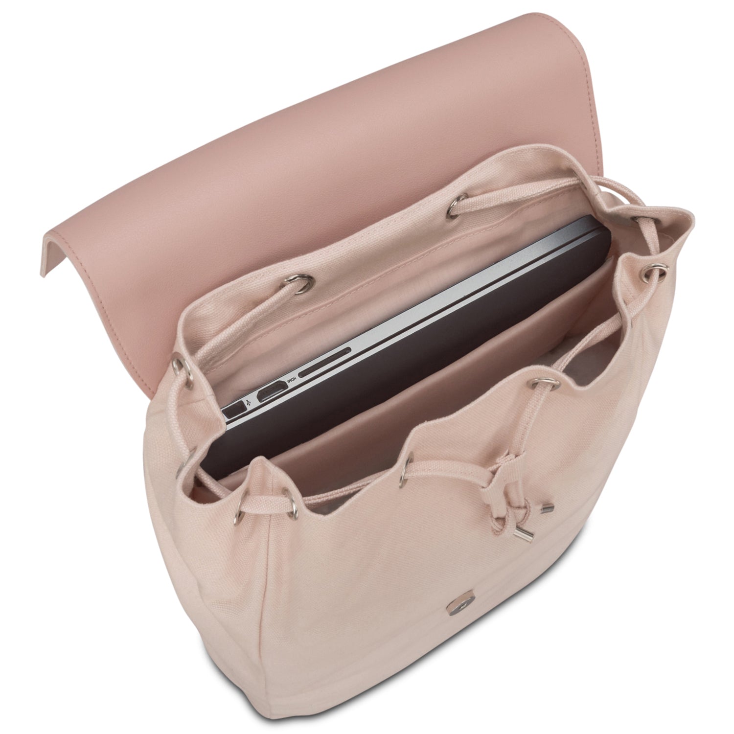 Beiger Rucksack Anouk aus Canvas mit hellrosa Lederklappe, offen mit sichtbarem Laptopfach