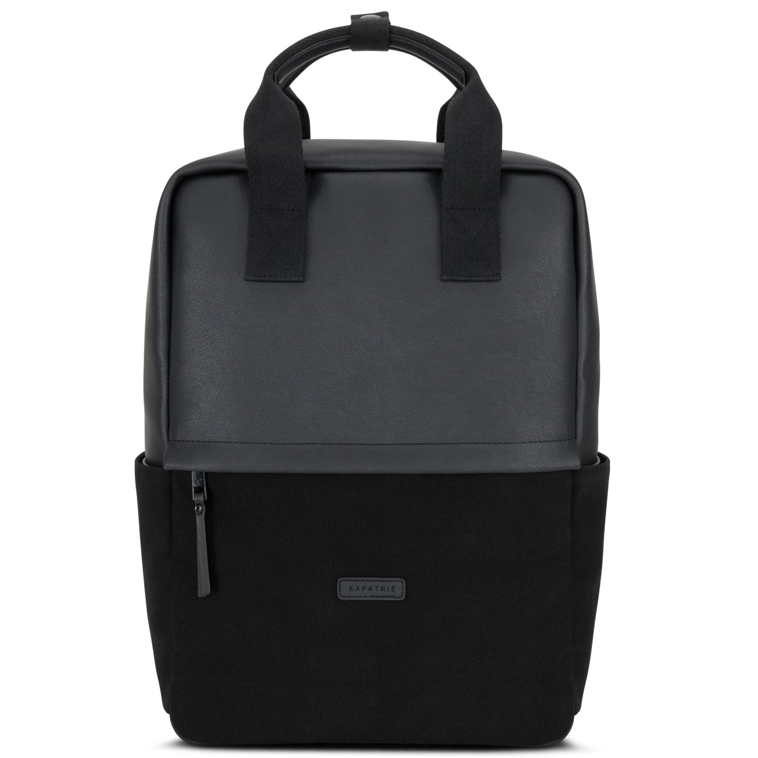 Rucksack Mila aus schwarzem Canvas und Leder mit zwei Tragegriffen und Frontreißverschlussfach