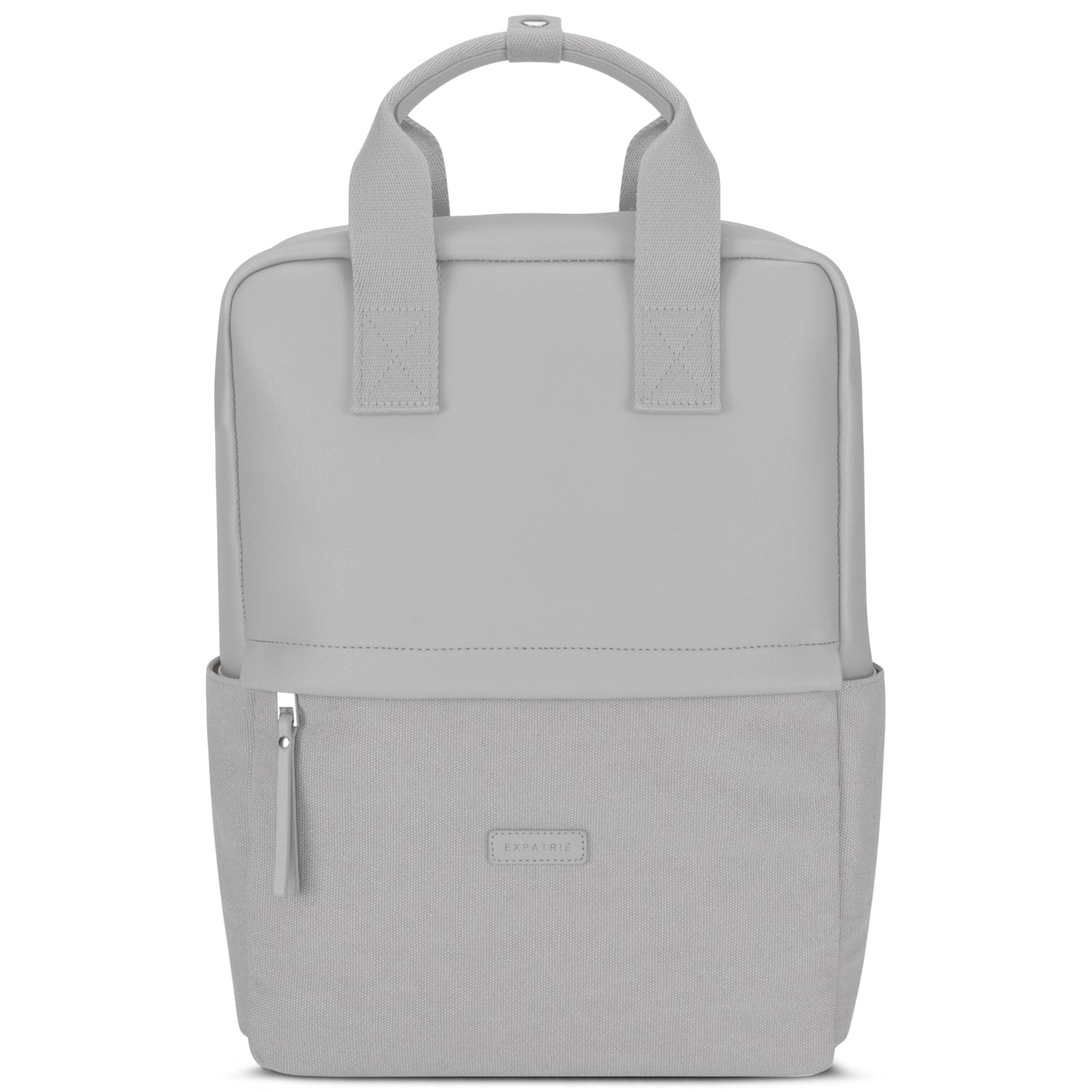 Rucksack Mila aus Canvas und Leder in Hellgrau mit Tragegriffen und Fronttasche