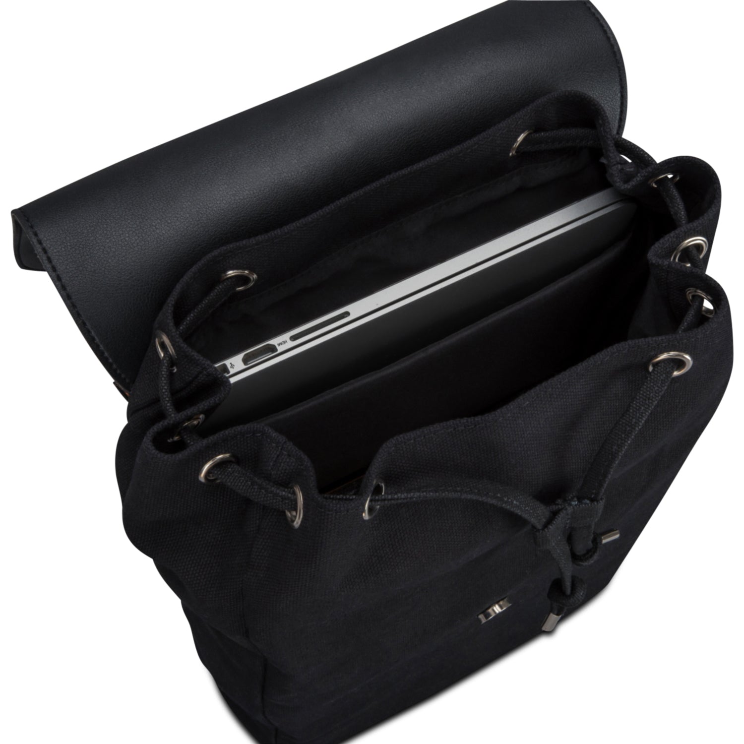 Schwarzer Rucksack Anouk aus Canvas und Leder mit Laptopfach, von oben geöffnet
