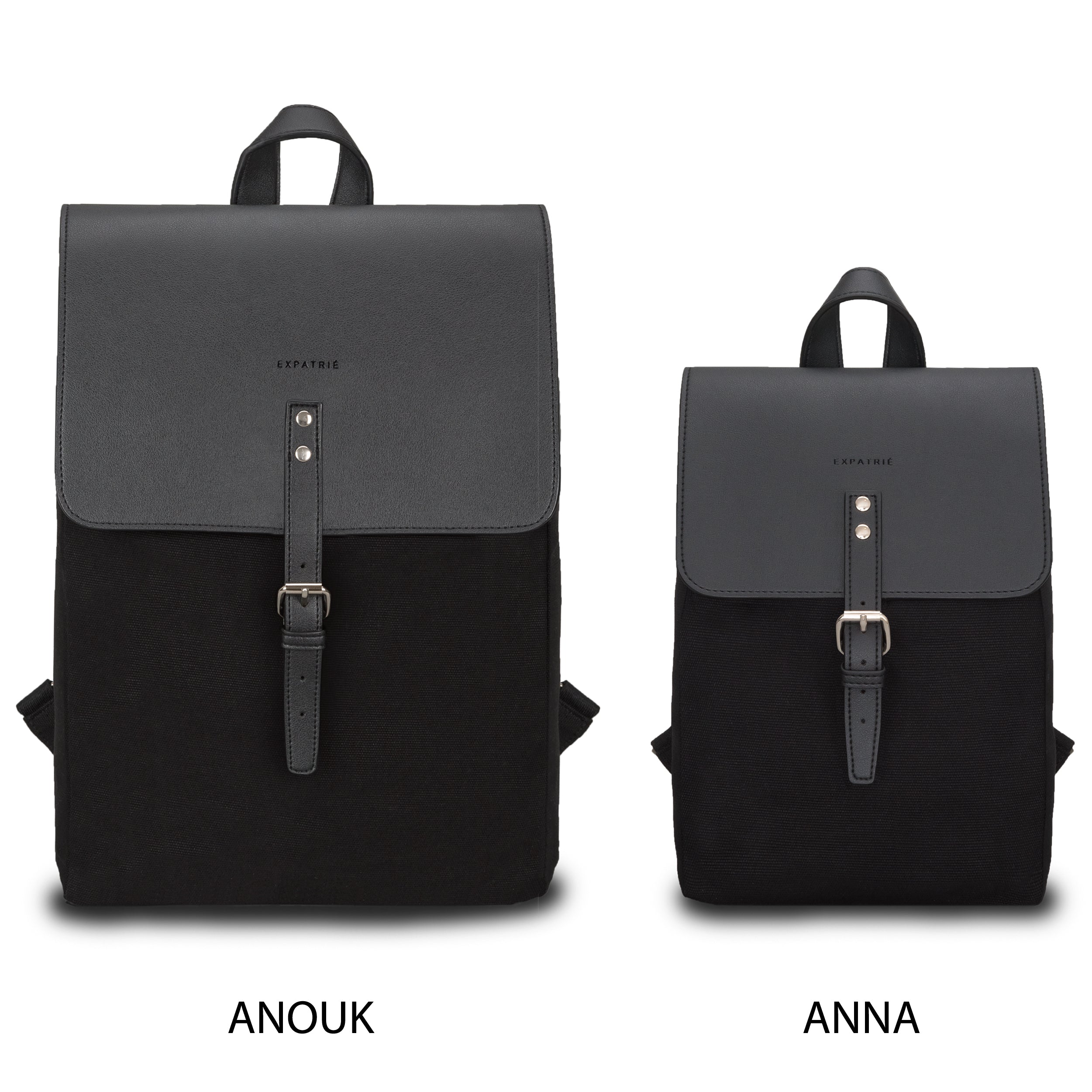 Zwei schwarze Rucksäcke aus Canvas und Leder der Marke Expatrié, Modell Anouk links größer als Modell Anna rechts