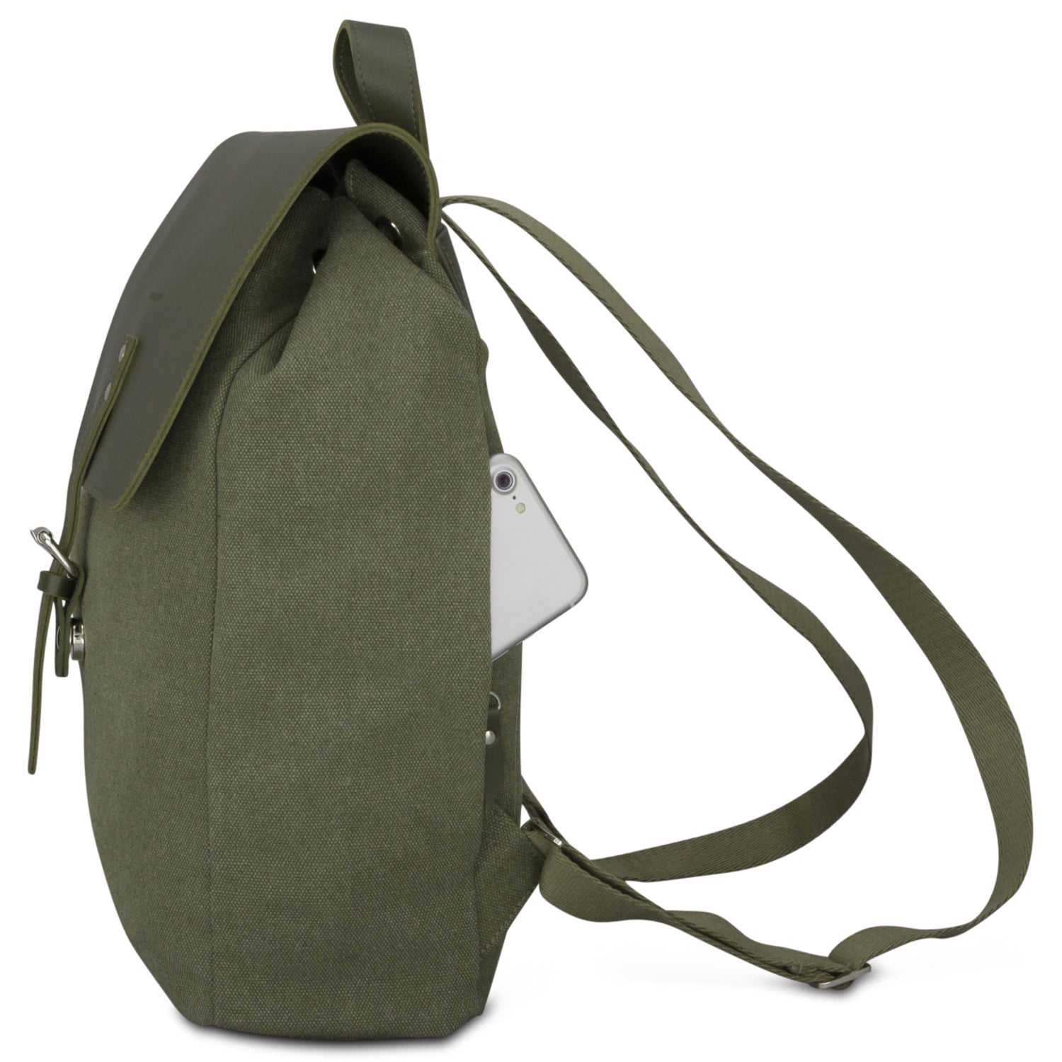 Olivegrüner Canvas-Leder Rucksack 'Anouk' mit seitlicher Tasche und verstellbaren Schultergurten
