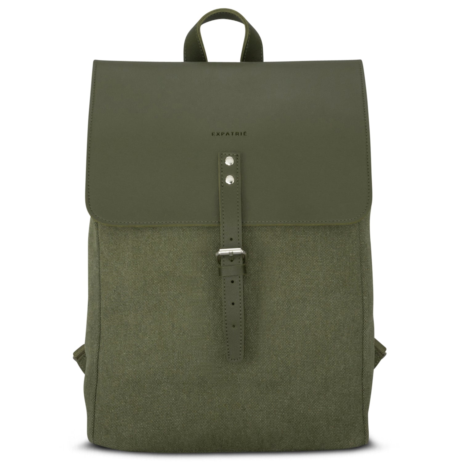 Rucksack Anouk aus olivgrünem Canvas mit Lederklappe und verstellbarem Riemen vorne