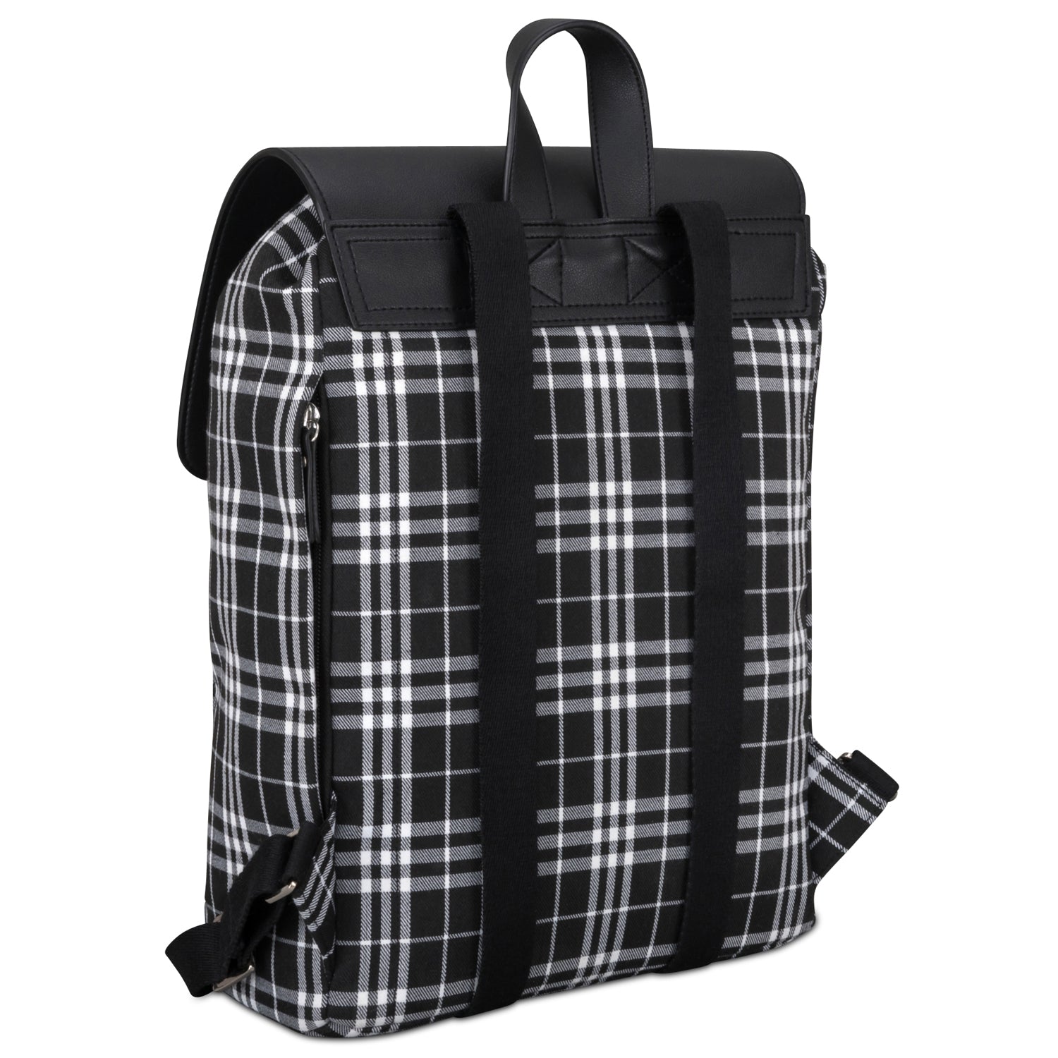 Rucksack Anouk mit schwarz-weiß kariertem Canvas und schwarzen Lederdetails
