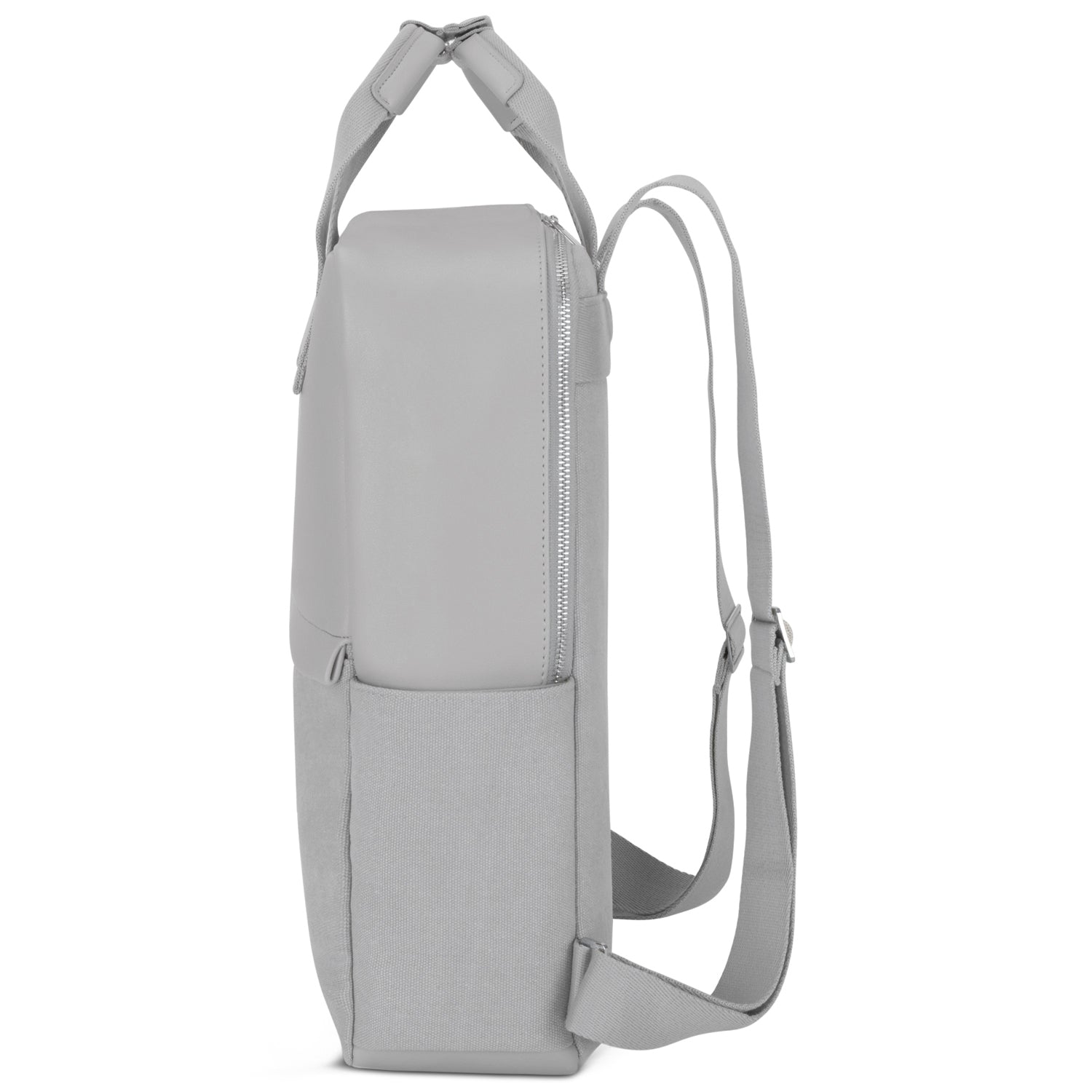Rucksack Mila aus Canvas und Leder, rechte Seitenansicht, mit Reißverschluss und verstellbaren Schulterriemen