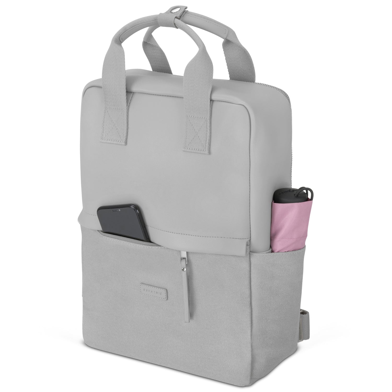 Grauer Canvas-Leder Rucksack Mila mit Außenfächern, Smartphone und Regenschirm
