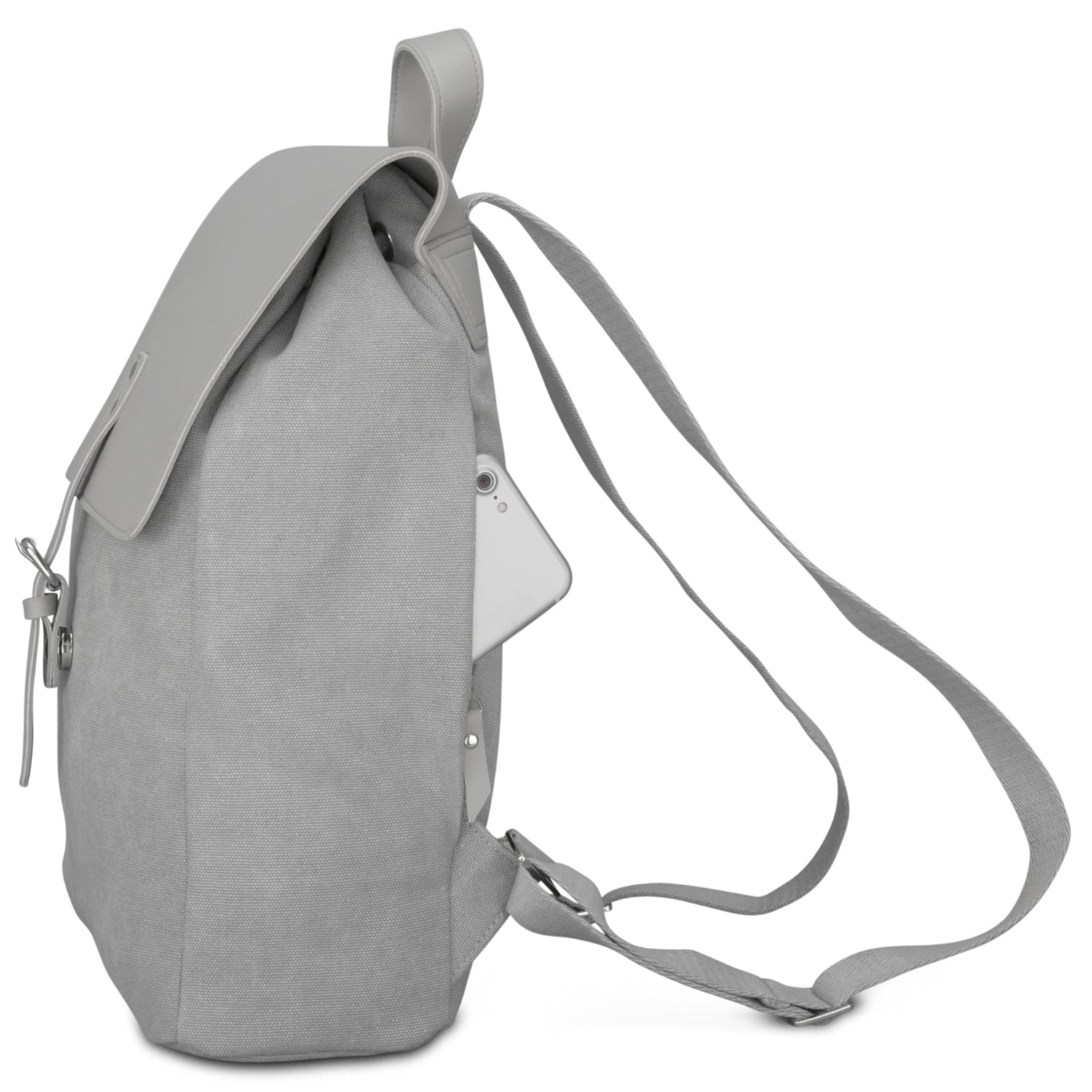 Grauer Rucksack Anouk aus Canvas und Leder mit offenem seitlichem Fach und Smartphone